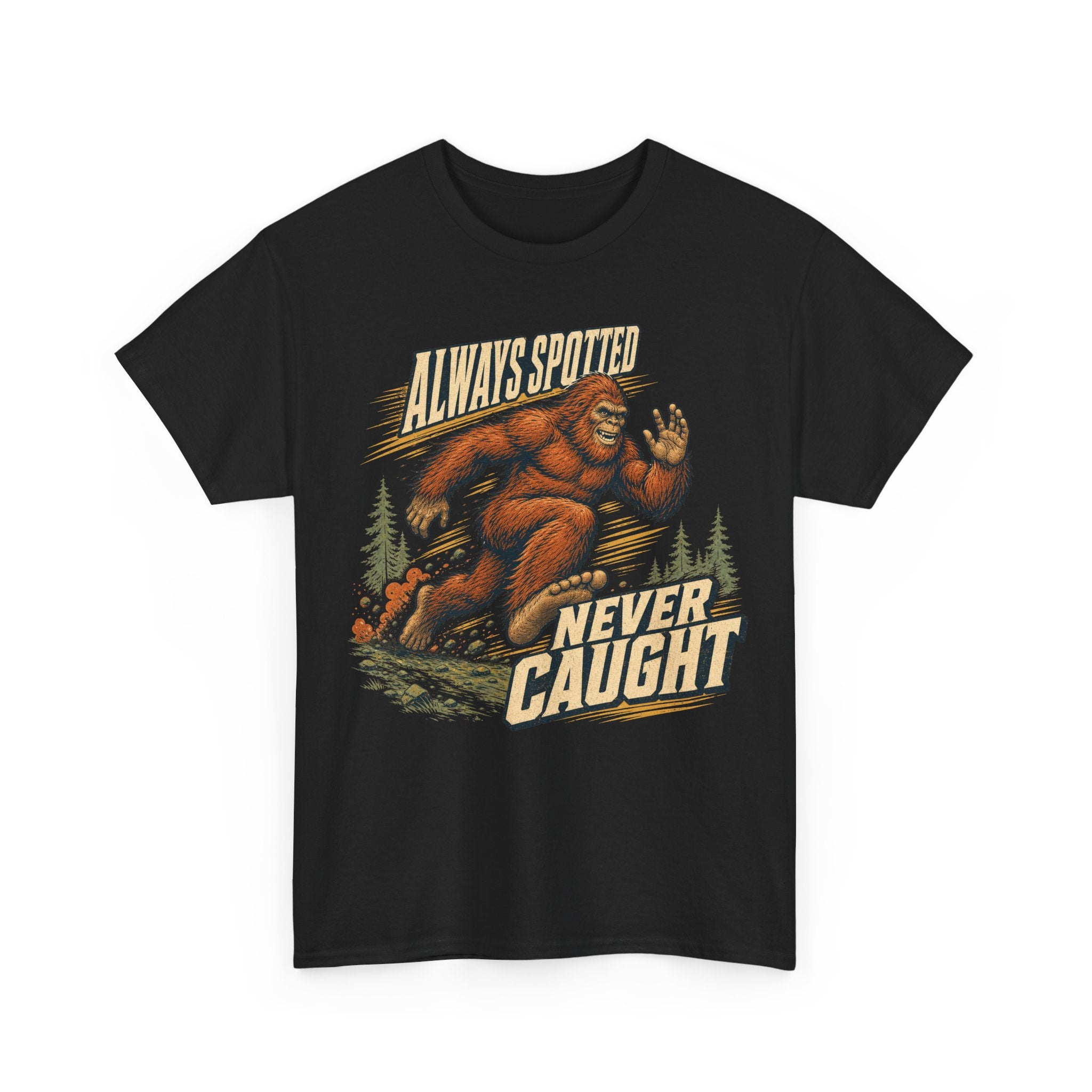 Funny Bigfoot Running T-Shirt – Always Spotted Never Caught Trail Graphic Tee