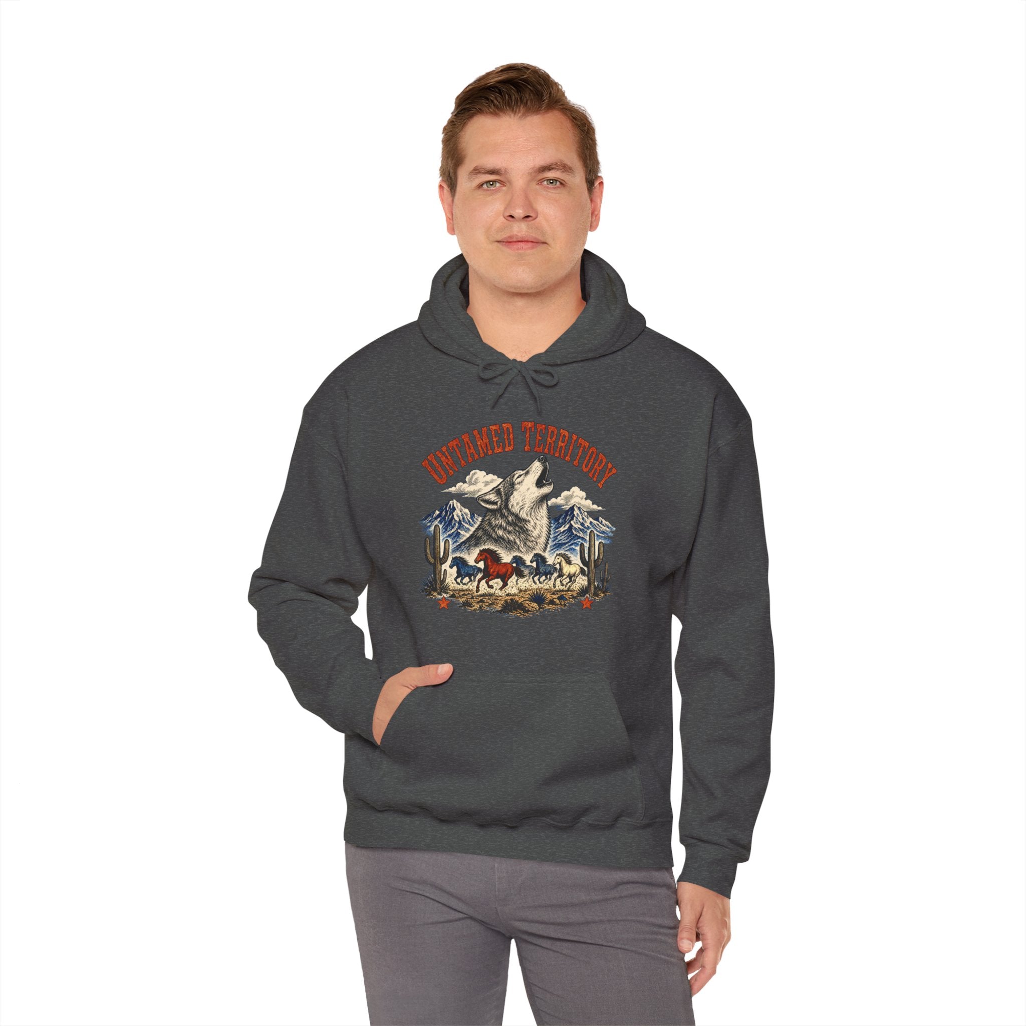Untamed Territory Wolf Badge Hoodie, Western Frontier Wildlife Pullover Sweatshirt, Unisex Fleece Hoodie