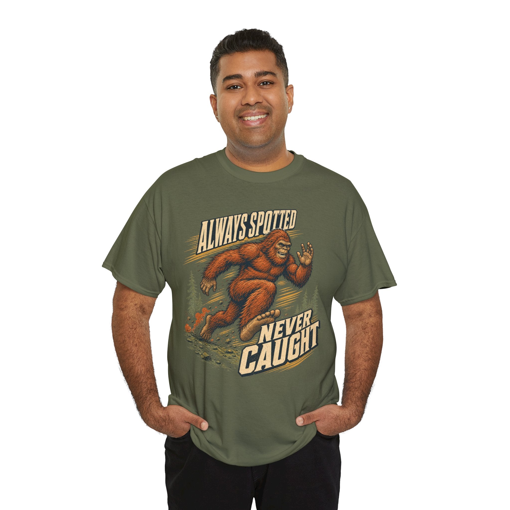 Funny Bigfoot Running T-Shirt – Always Spotted Never Caught Trail Graphic Tee