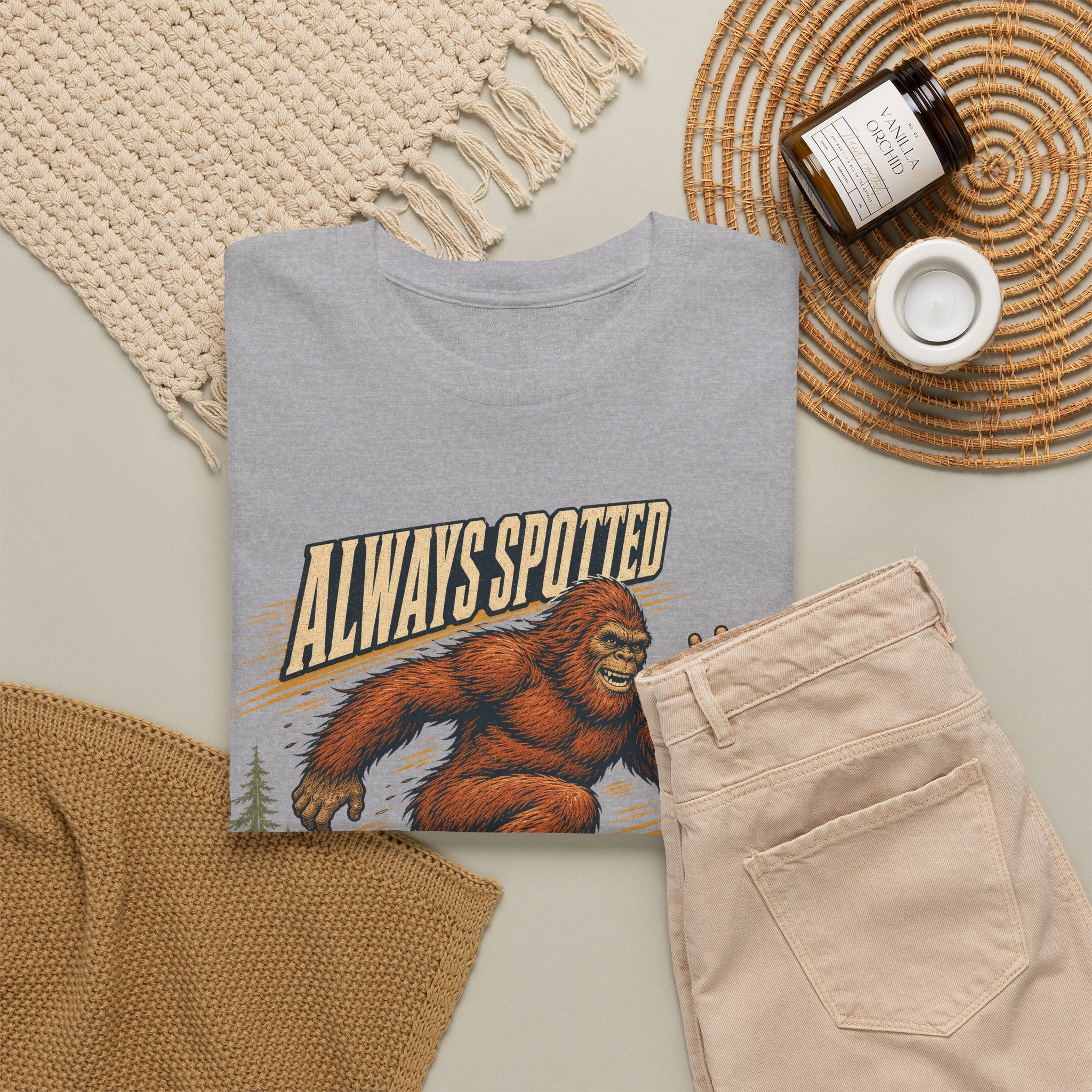 Funny Bigfoot Running T-Shirt – Always Spotted Never Caught Trail Graphic Tee