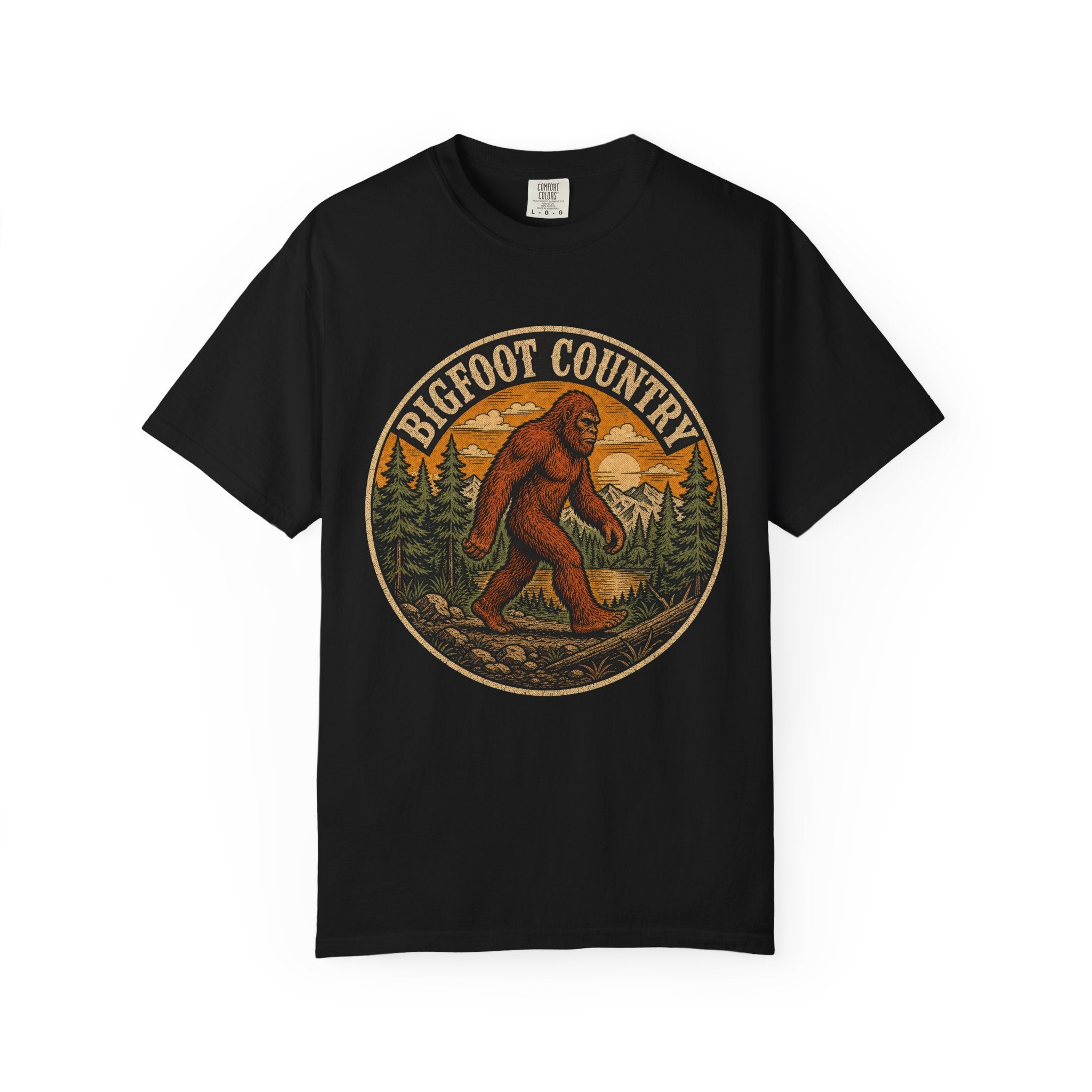 Bigfoot Country Vintage T-Shirt – Retro Sasquatch Forest Sunset Graphic Tee