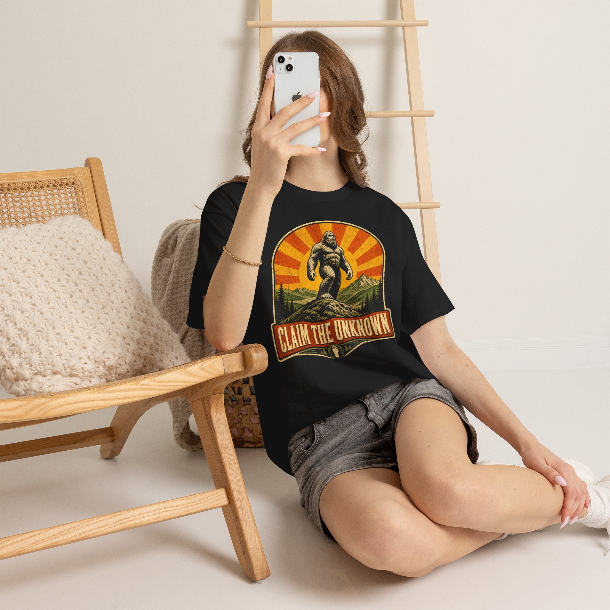 Claim The Unknown T-Shirt – Retro Bigfoot Sunburst Travel Poster Tee