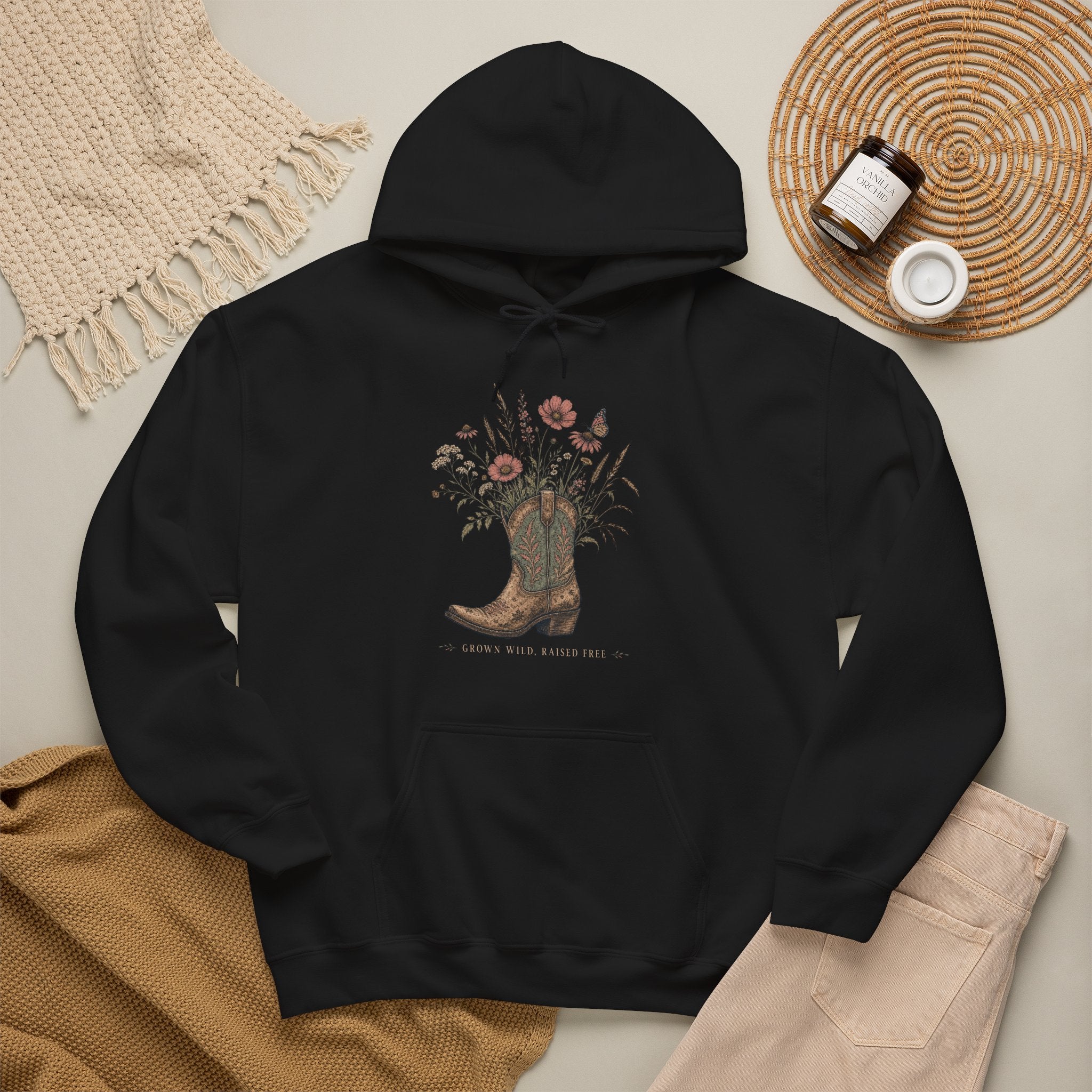 Grown Wild Cowboy Boot Wildflower Hoodie, Botanical Western Pullover Sweatshirt, Cowgirl Fleece Hoodie