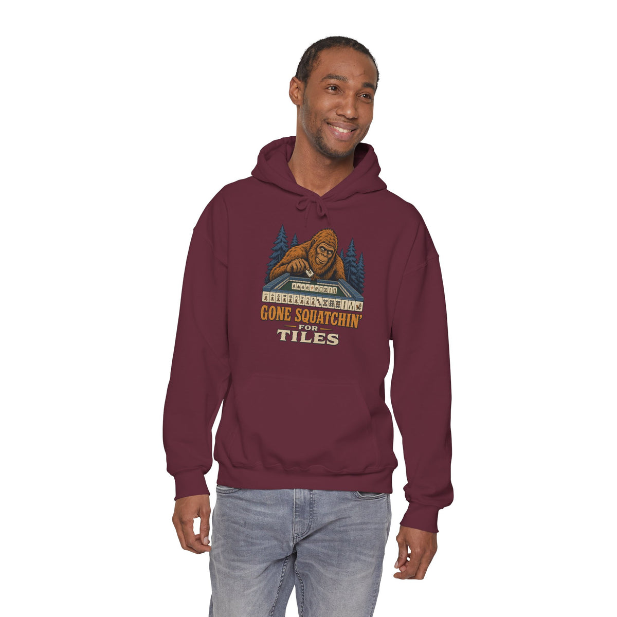 Gone Squatchin' For Tiles - Retro Bigfoot Mahjong Hoodie