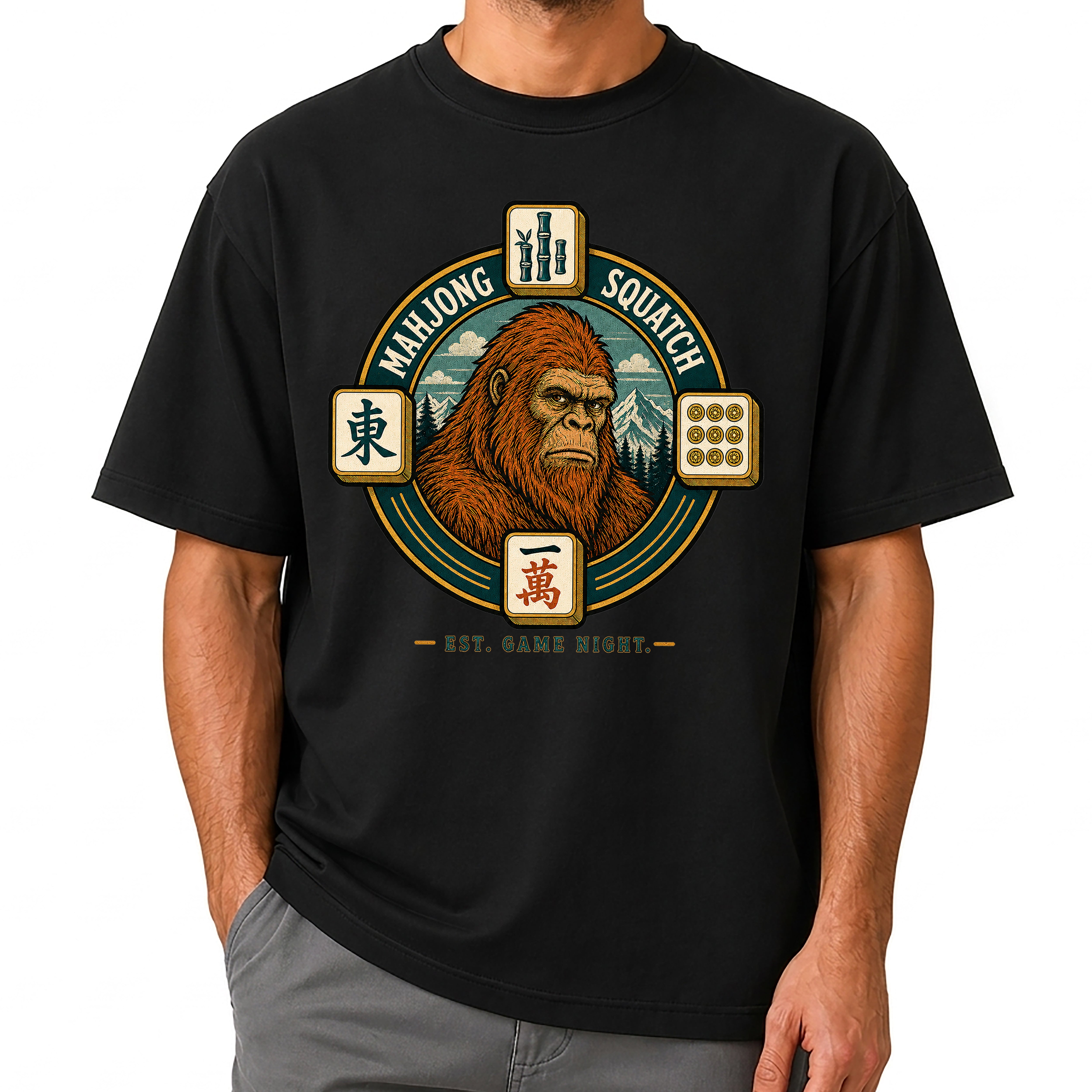 Bamboo, Dots & Squatch - Bigfoot Mahjong T-Shirt