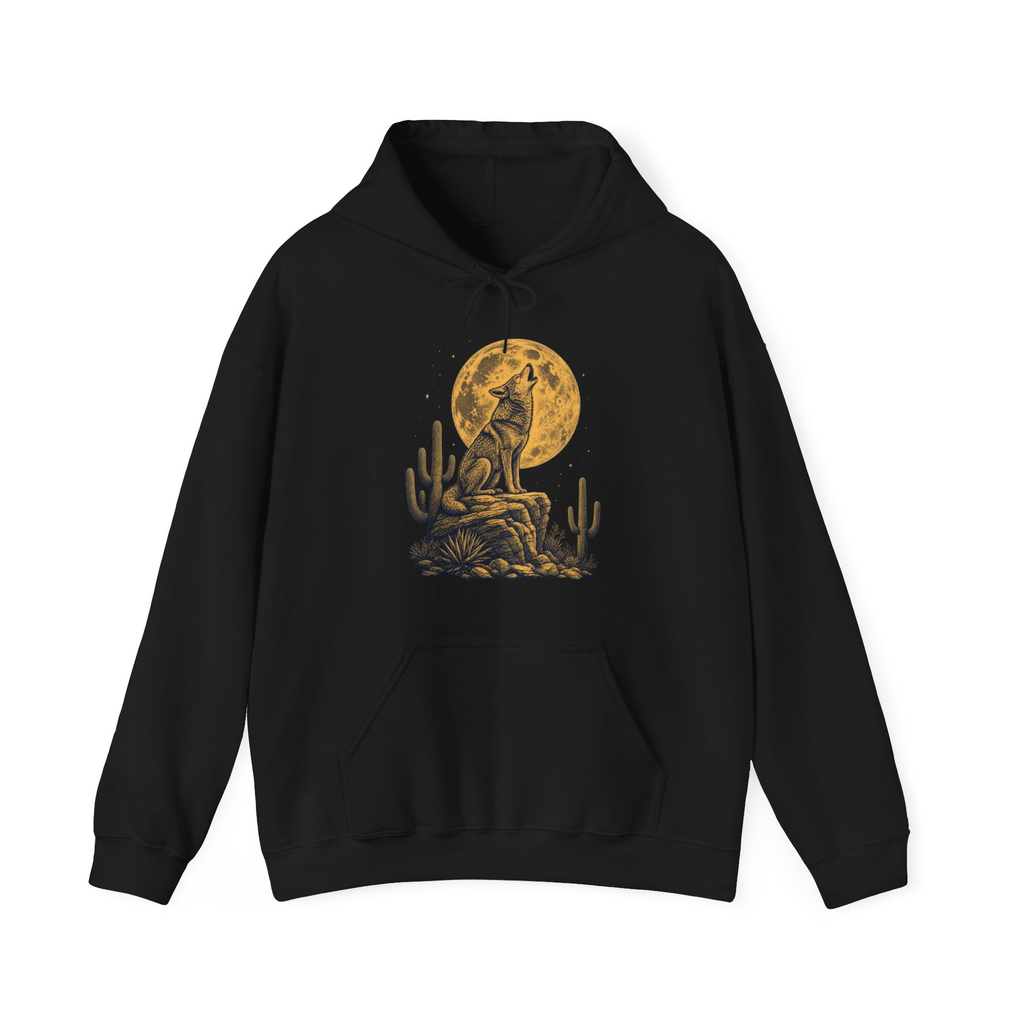 Howling Coyote Moon Hoodie, Vintage Western Desert Night Graphic Pullover Sweatshirt, Unisex Fleece Hoodie