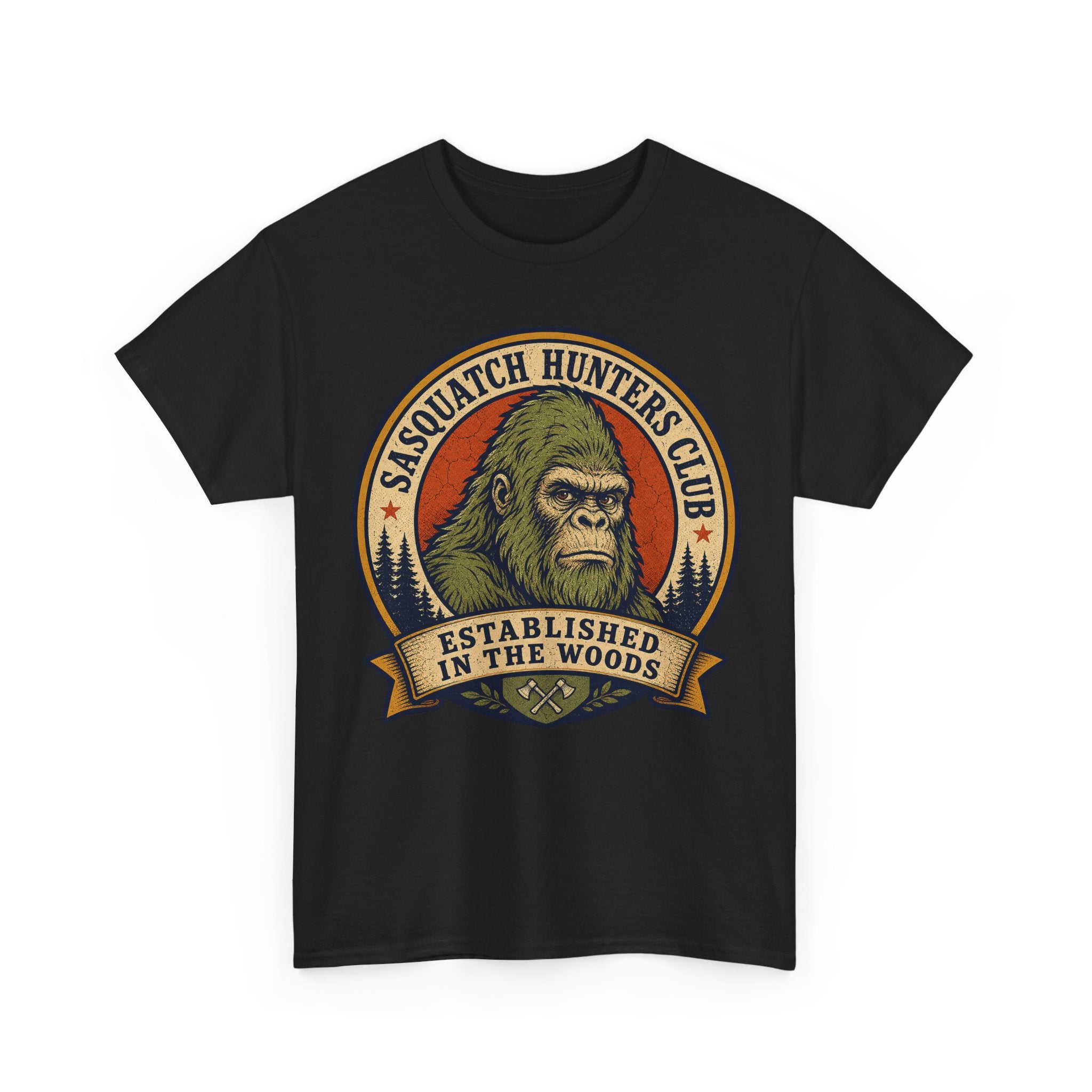 Sasquatch Hunters Club T-Shirt – Retro Bigfoot Emblem Badge Graphic Tee
