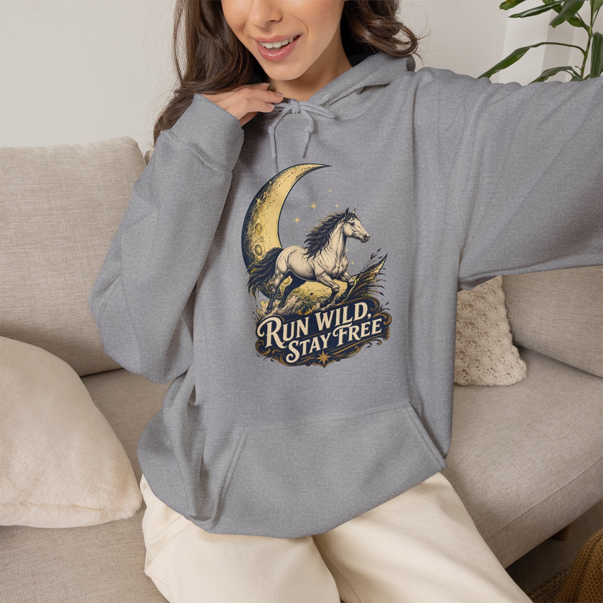 Run Wild Stay Free Mustang Moon Hoodie, Minimalist Western Horse Pullover Sweatshirt, Unisex Fleece Hoodie