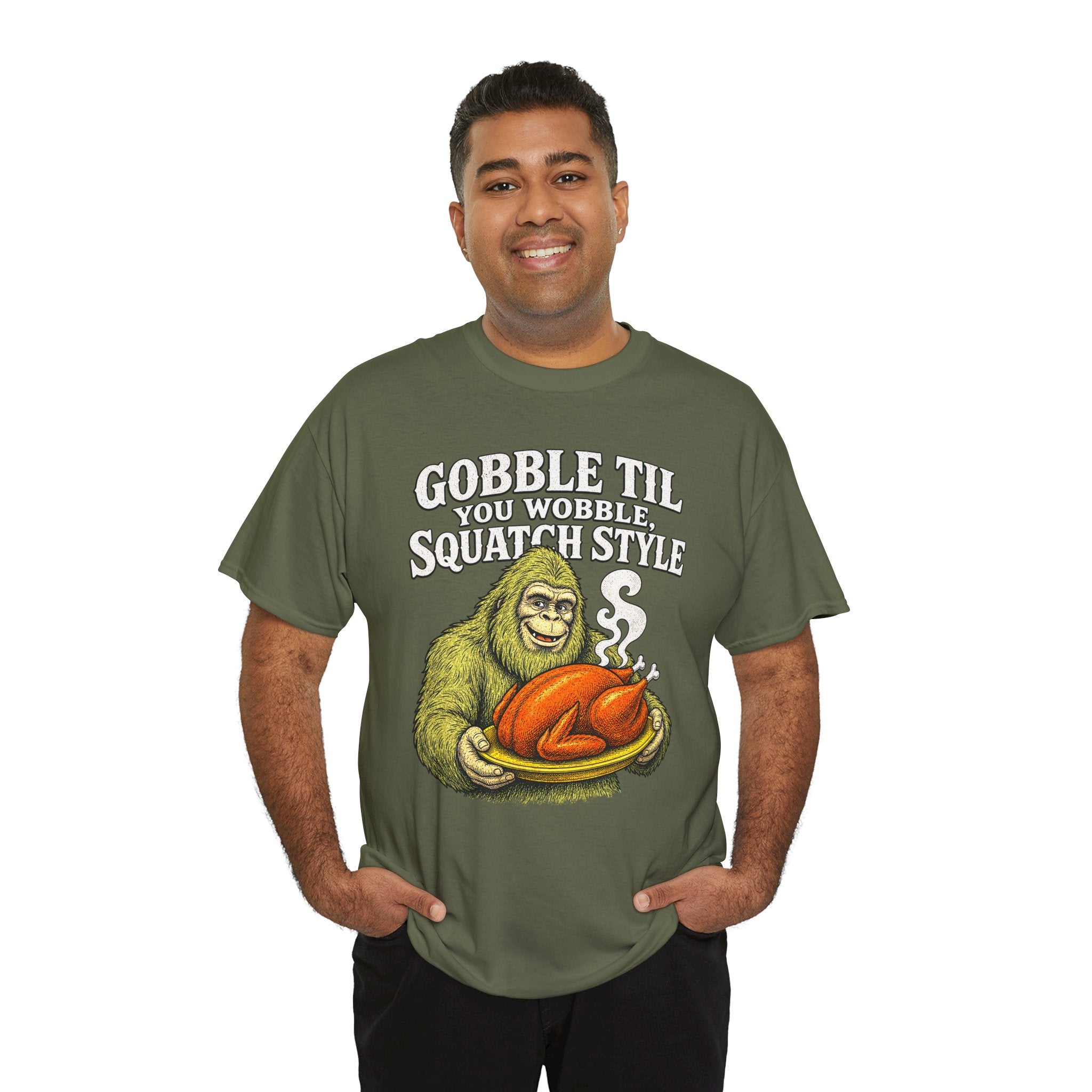Funny Bigfoot Thanksgiving T-Shirt – Gobble Til You Wobble Graphic Tee
