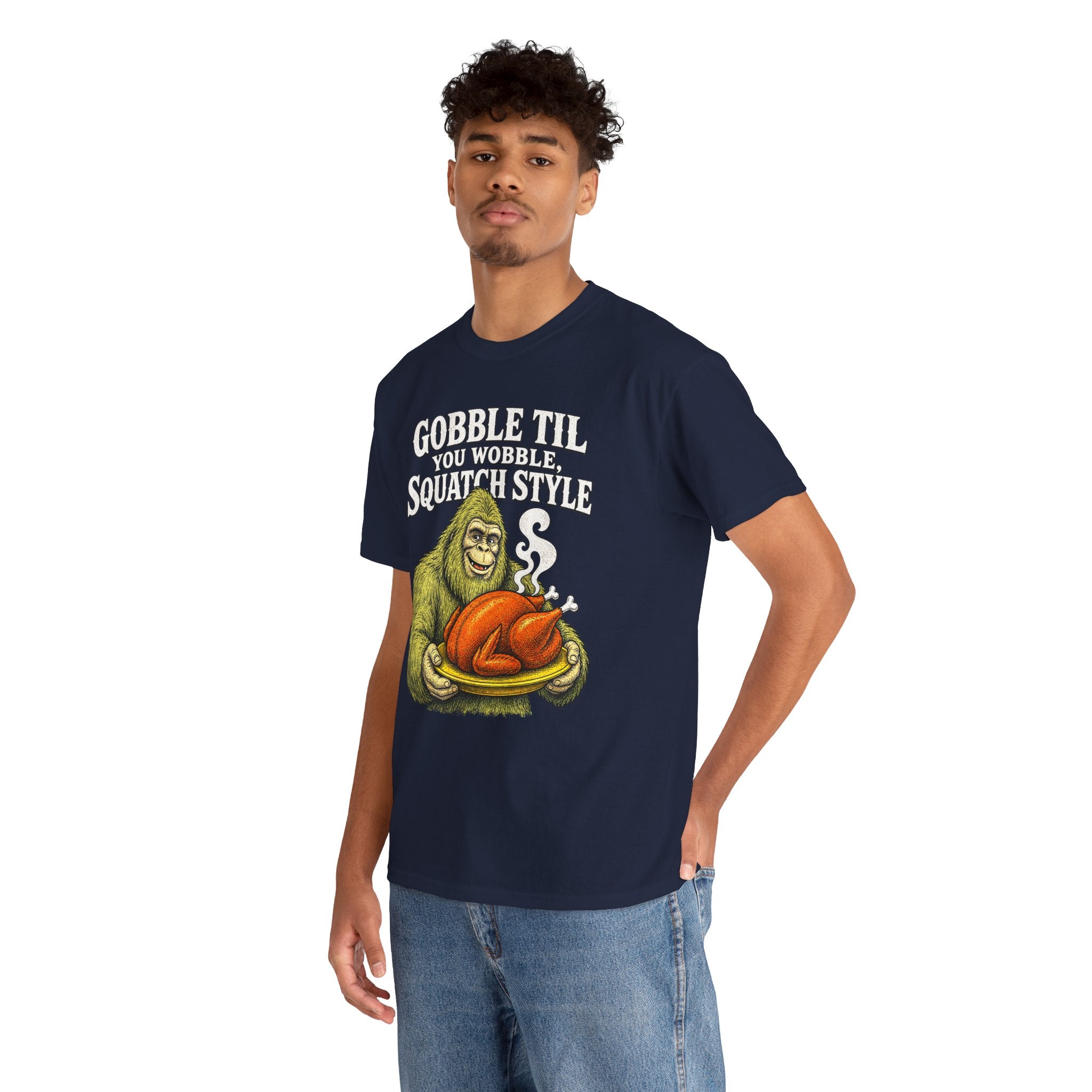 Funny Bigfoot Thanksgiving T-Shirt – Gobble Til You Wobble Graphic Tee
