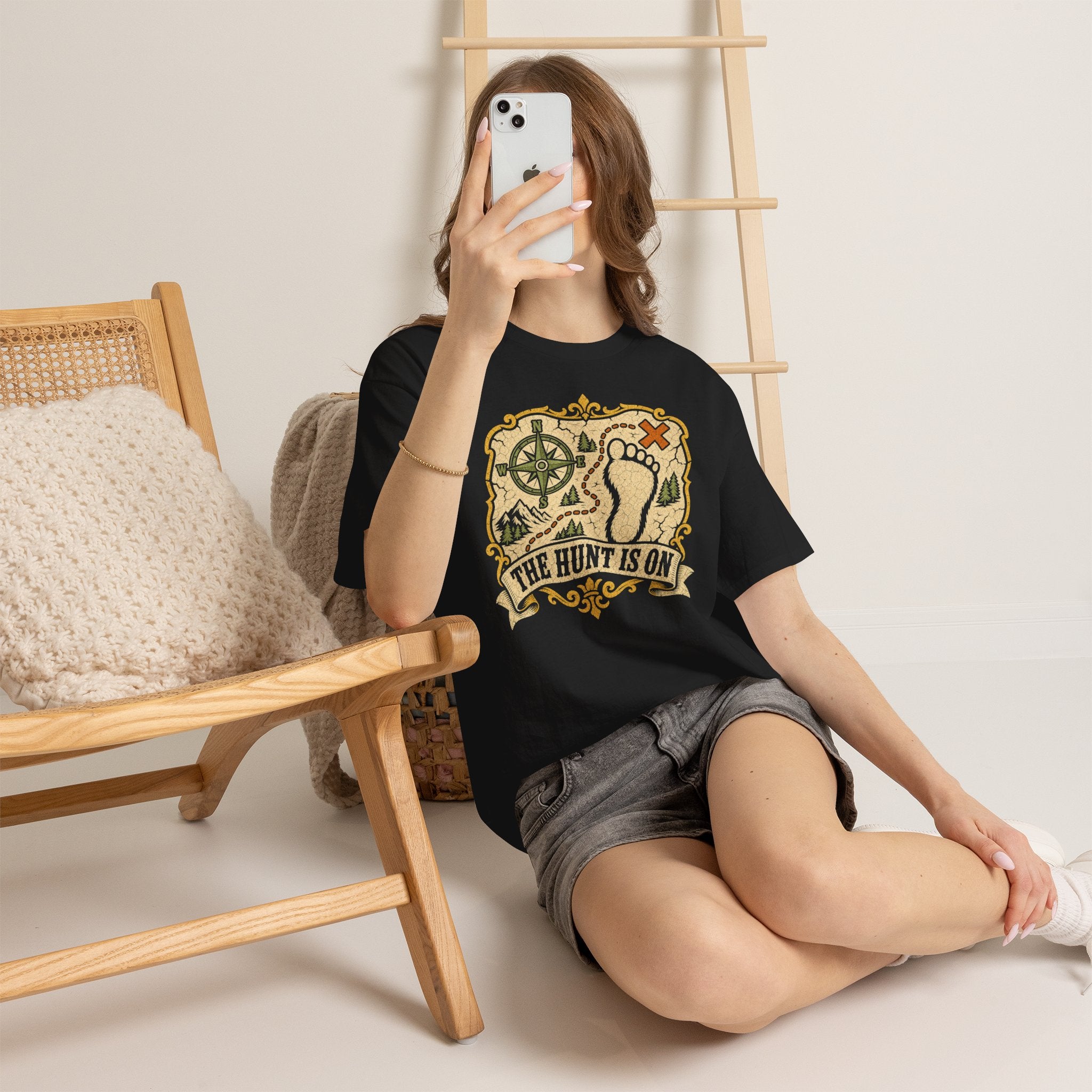 The Hunt Is On T-Shirt – Vintage Bigfoot Footprint Treasure Map Graphic Tee