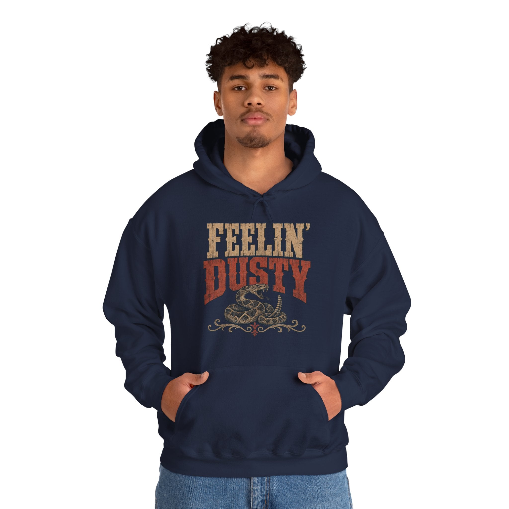 Feelin Dusty Rattlesnake Hoodie, Bold Western Grunge Typography Pullover Sweatshirt, Unisex Fleece Hoodie