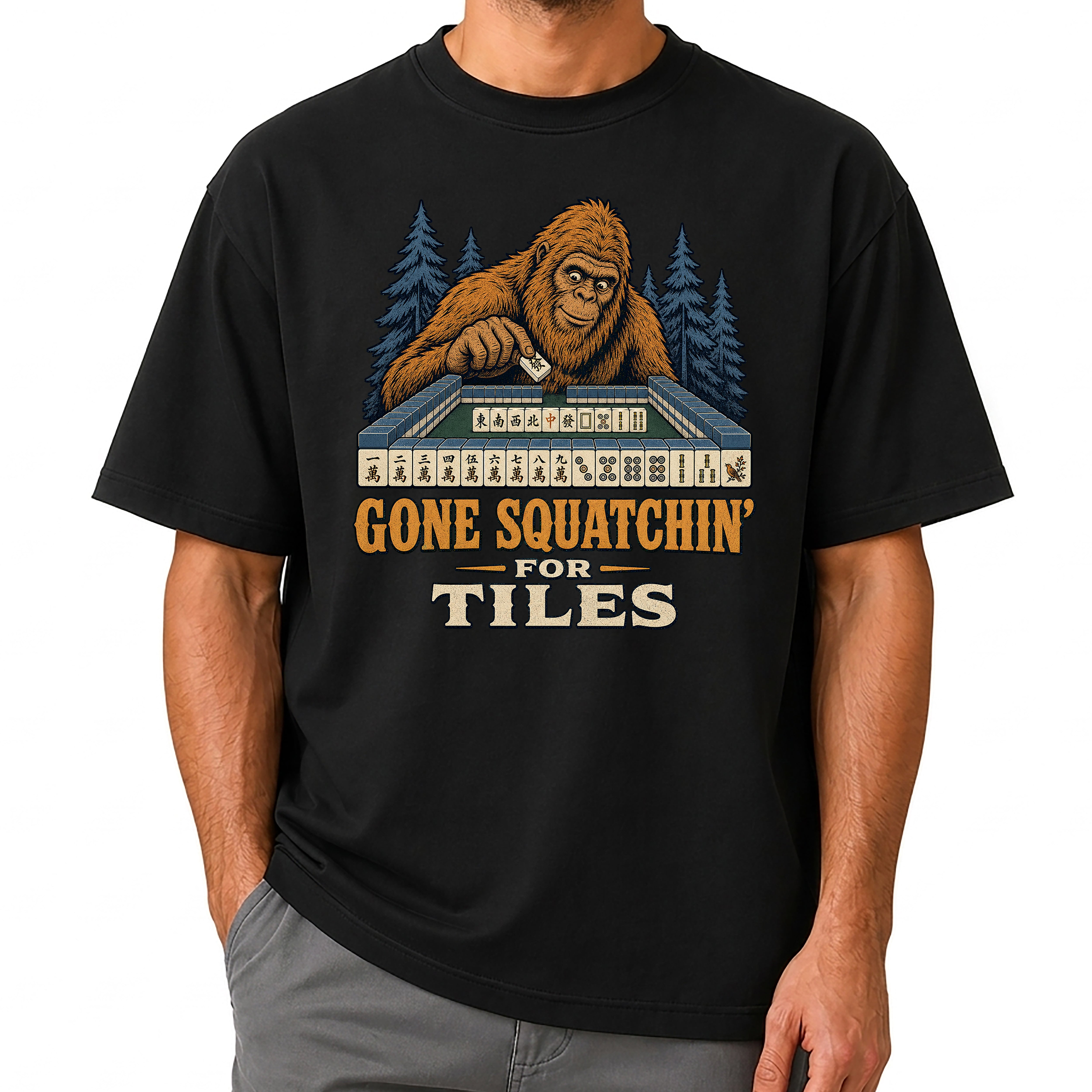 Gone Squatchin' For Tiles - Retro Bigfoot Mahjong T-Shirt