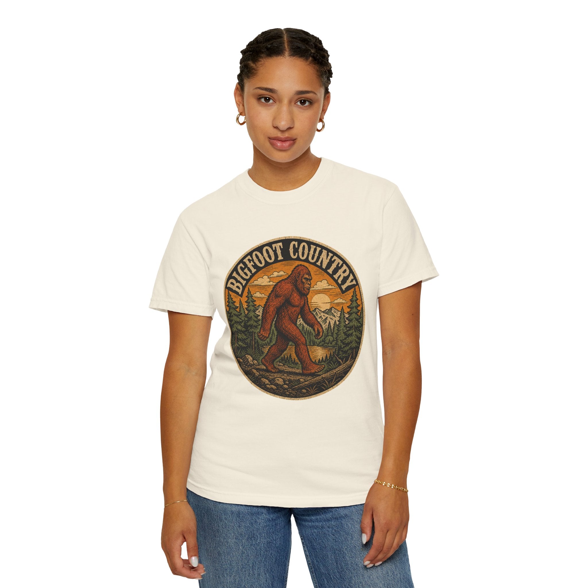 Bigfoot Country Vintage T-Shirt – Retro Sasquatch Forest Sunset Graphic Tee