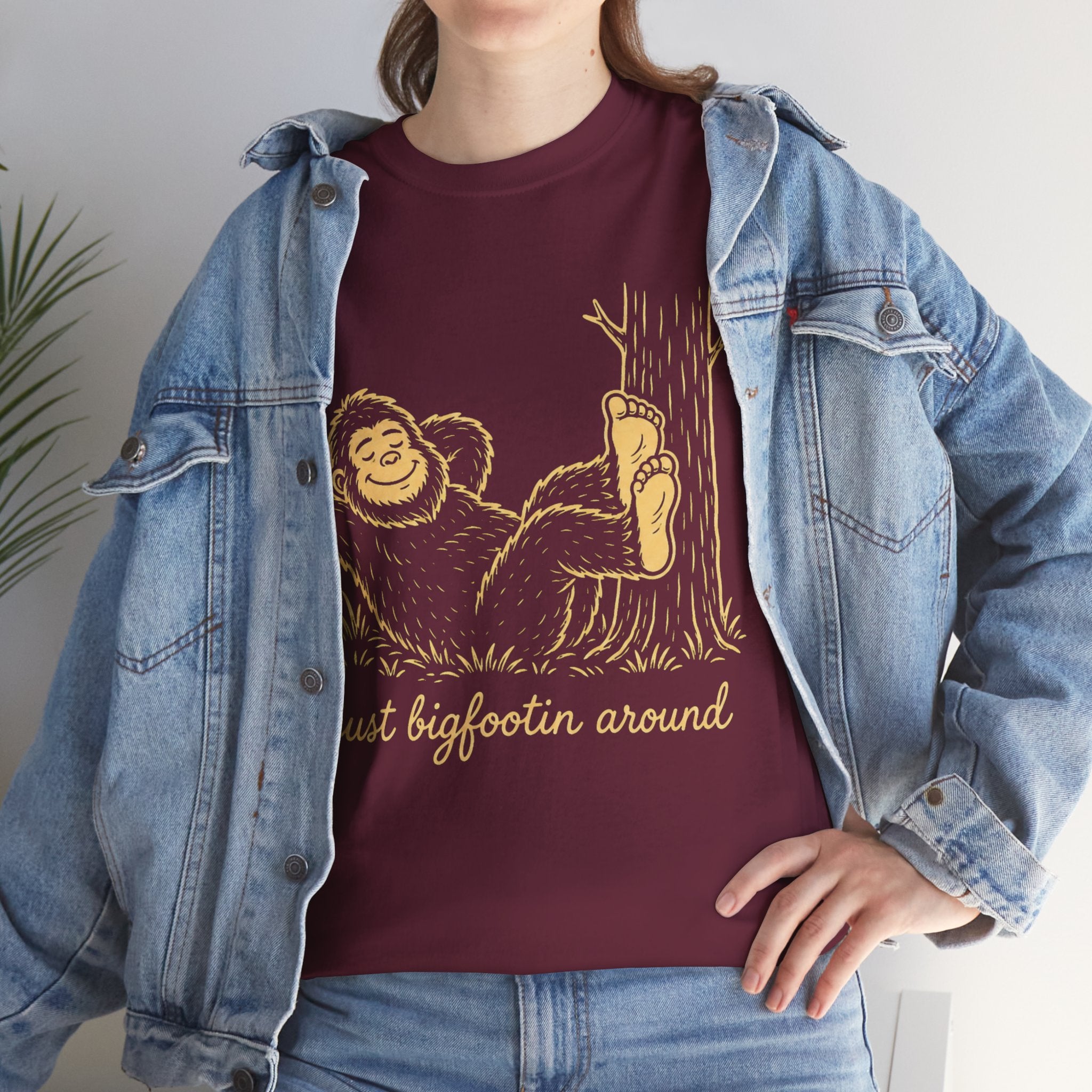 Just Bigfootin Around T-Shirt – Cute Cozy Pocket Print Graphic Tee