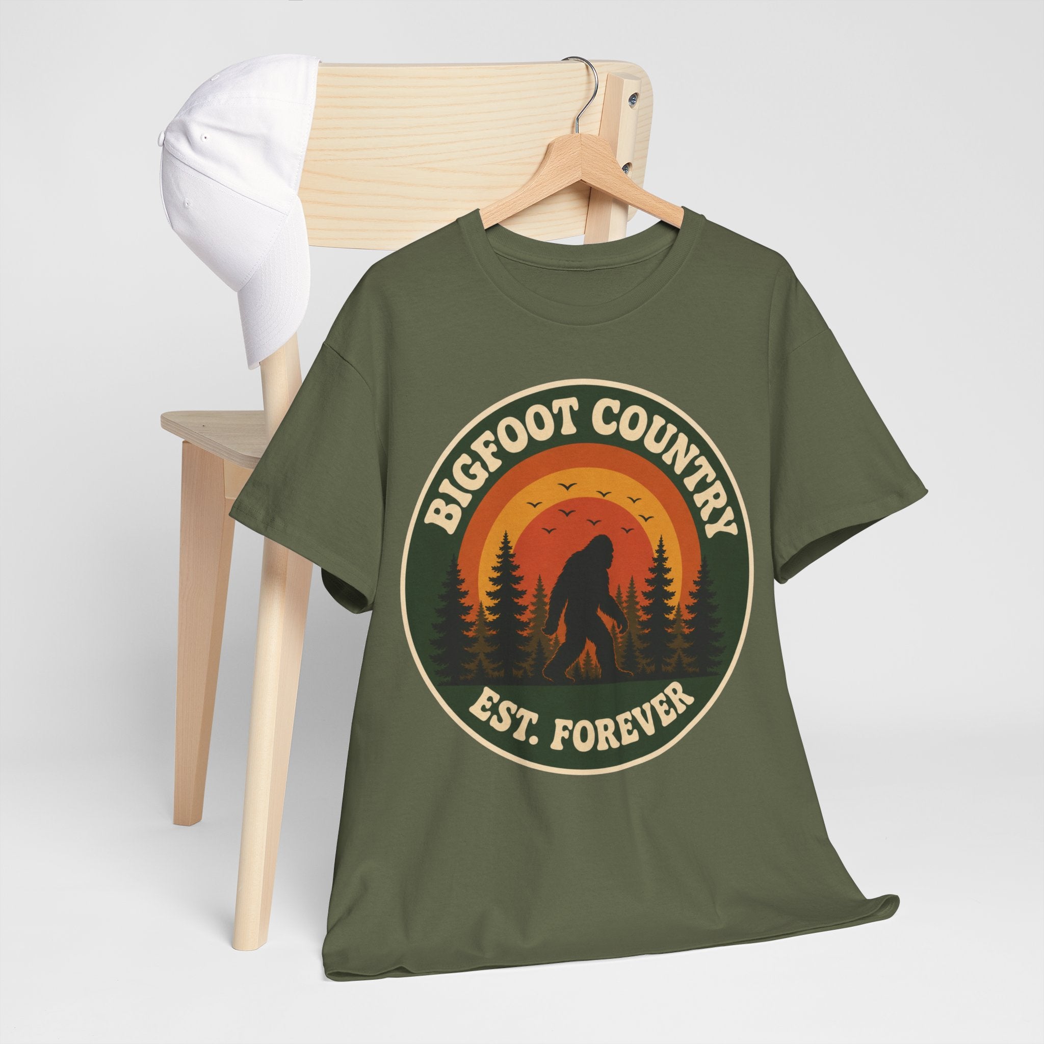 Bigfoot Country Sunset Badge T-Shirt – Retro Circular Graphic Tee