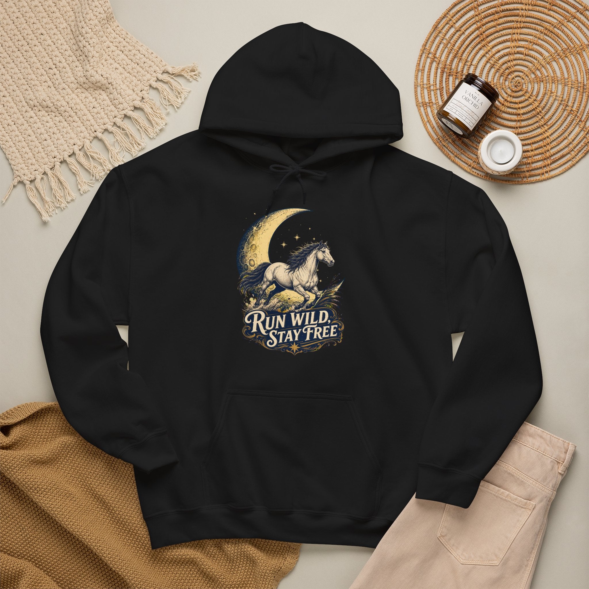 Run Wild Stay Free Mustang Moon Hoodie, Minimalist Western Horse Pullover Sweatshirt, Unisex Fleece Hoodie