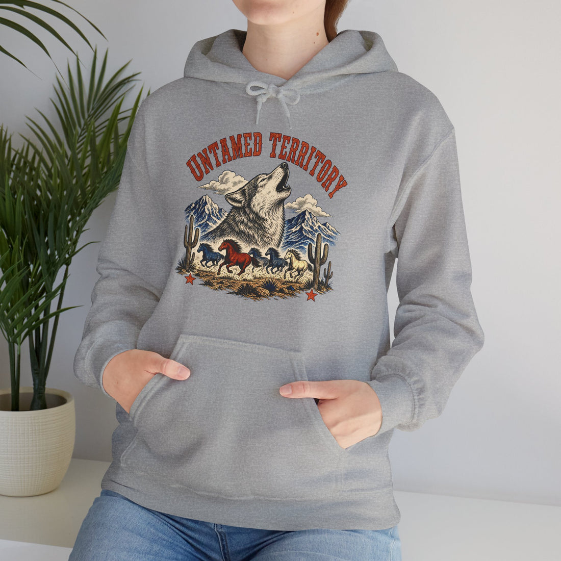 Untamed Territory Wolf Badge Hoodie, Western Frontier Wildlife Pullover Sweatshirt, Unisex Fleece Hoodie