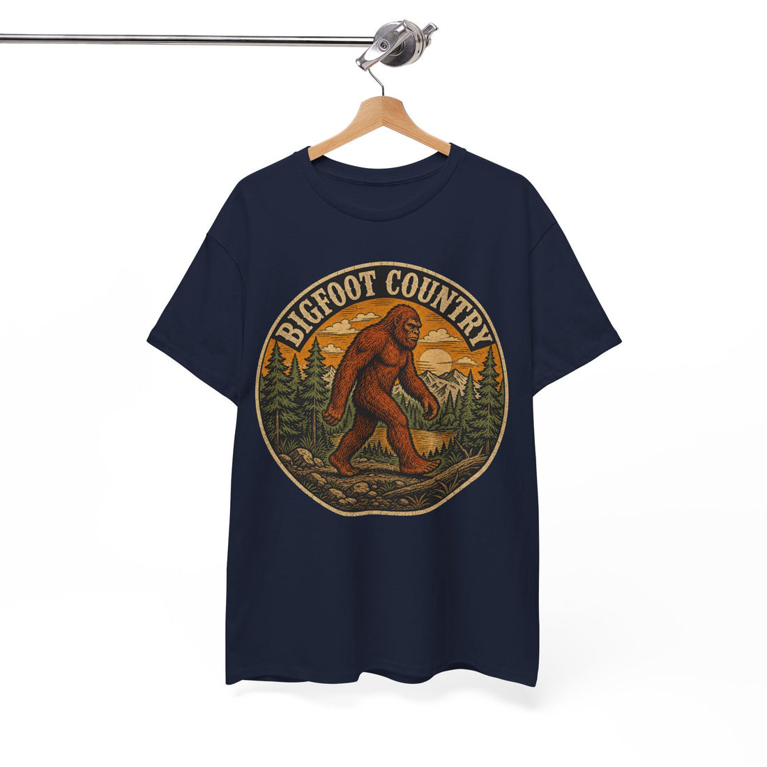 Bigfoot Country Vintage T-Shirt – Retro Sasquatch Forest Sunset Graphic Tee
