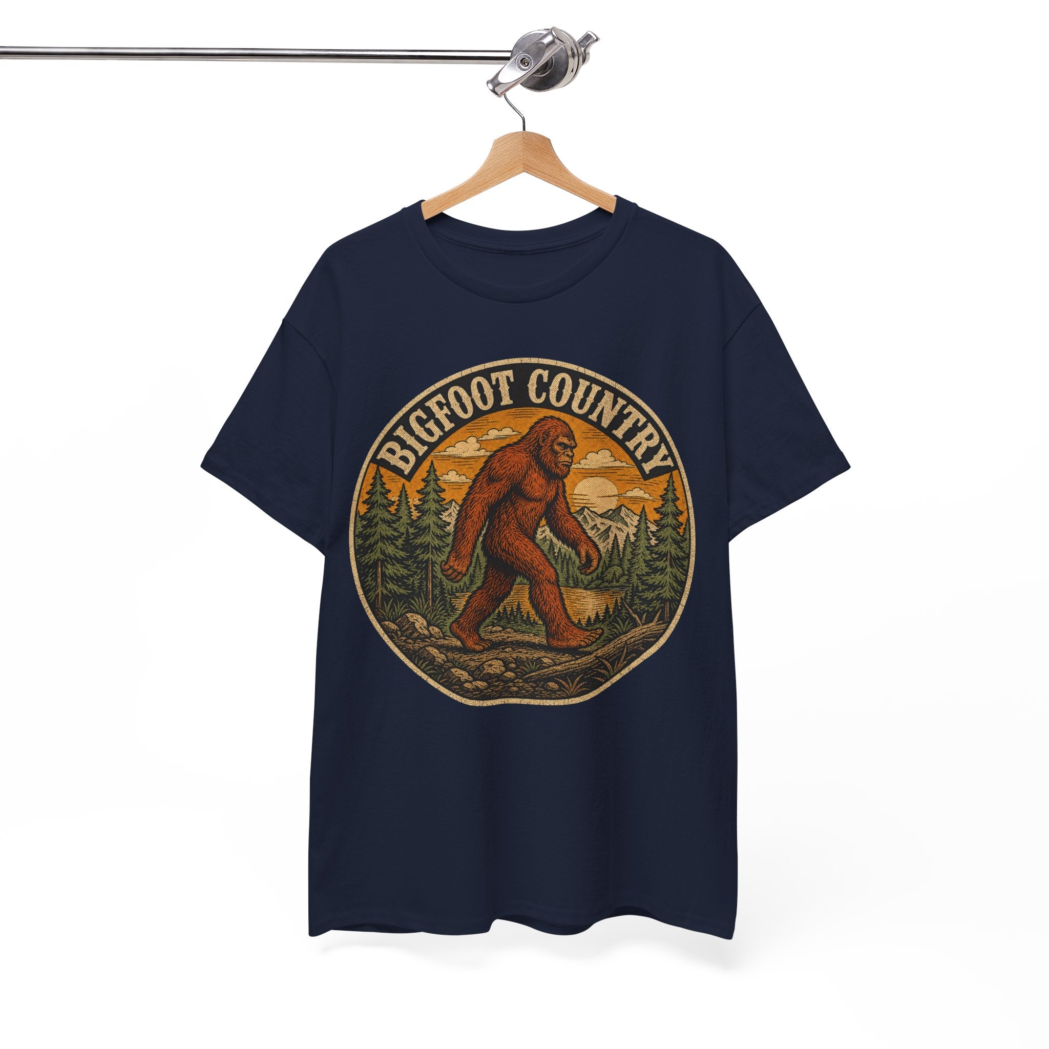 Bigfoot Country Vintage T-Shirt – Retro Sasquatch Forest Sunset Graphic Tee