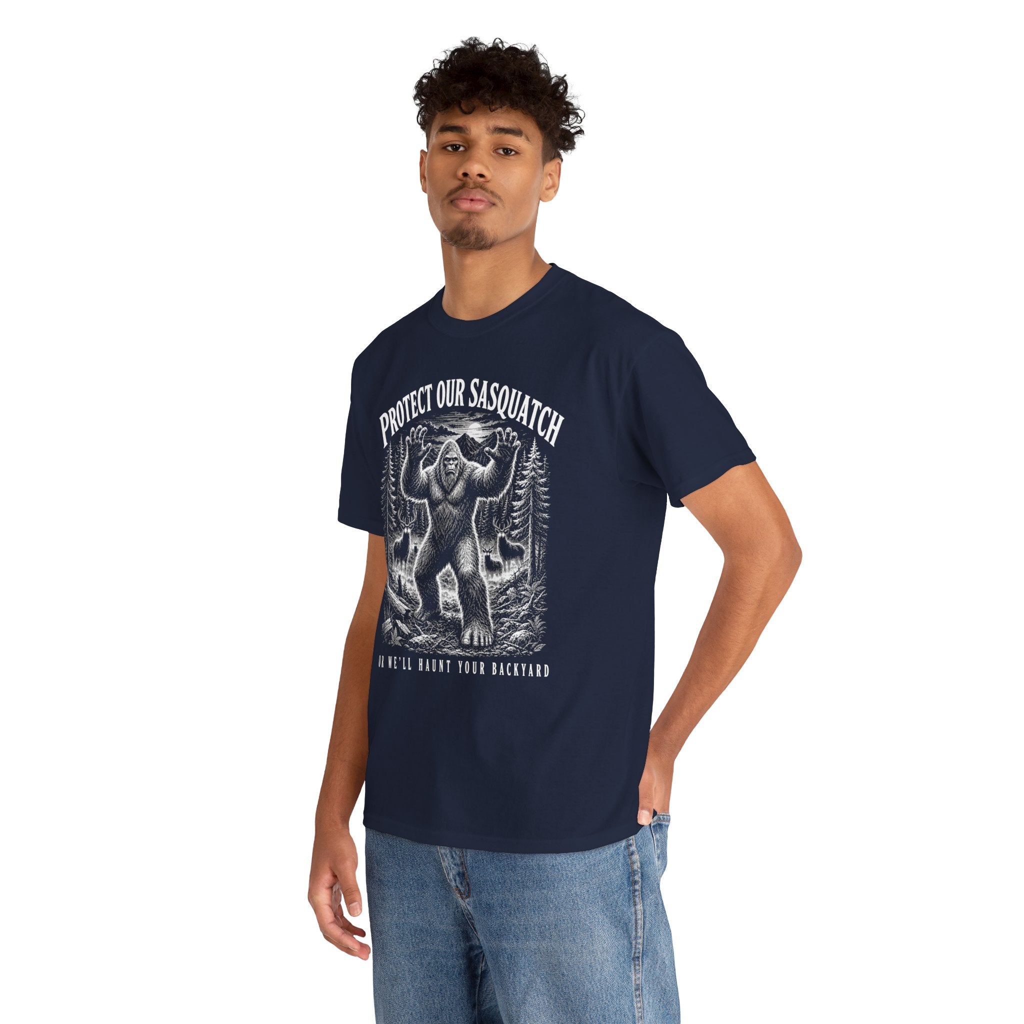 Protect Our Sasquatch T-Shirt – Woodcut Scratchboard Bigfoot Graphic Tee