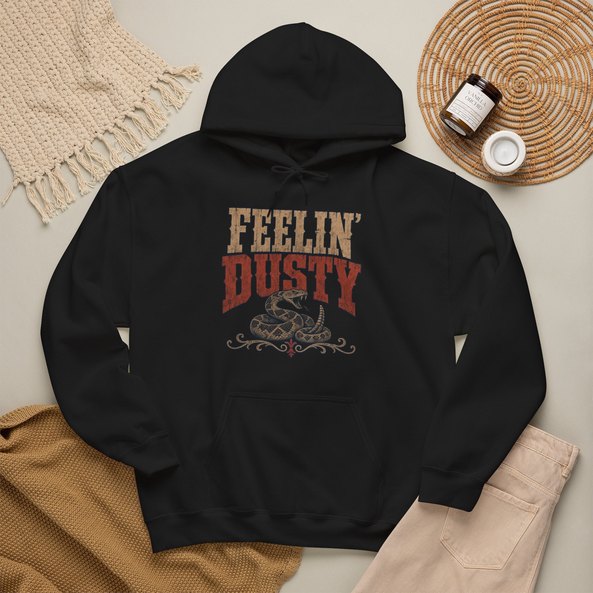 Feelin Dusty Rattlesnake Hoodie, Bold Western Grunge Typography Pullover Sweatshirt, Unisex Fleece Hoodie