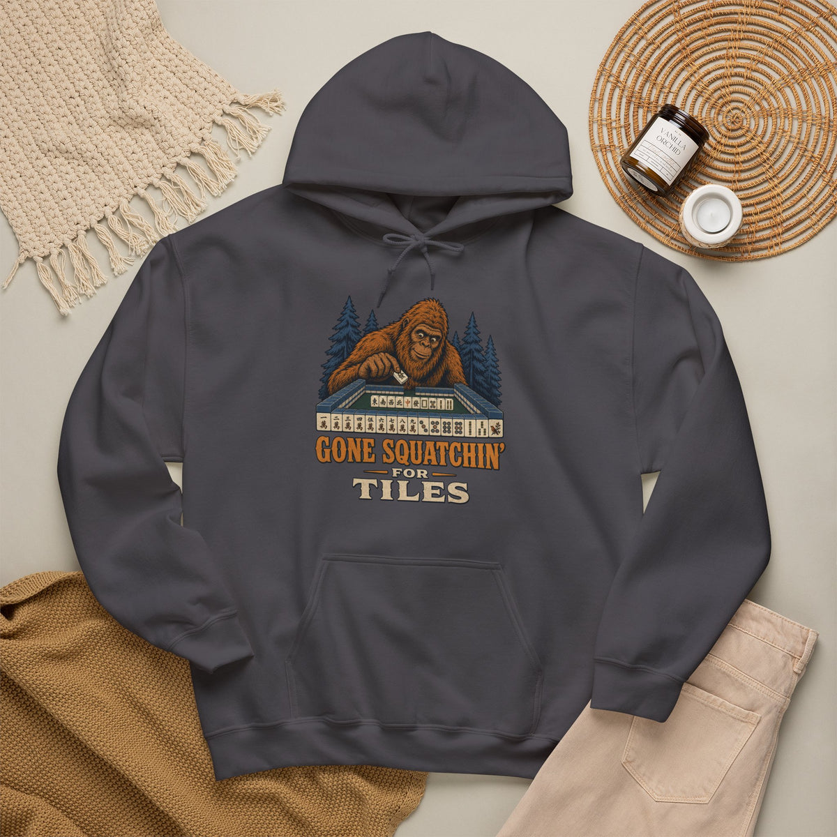 Gone Squatchin' For Tiles - Retro Bigfoot Mahjong Hoodie