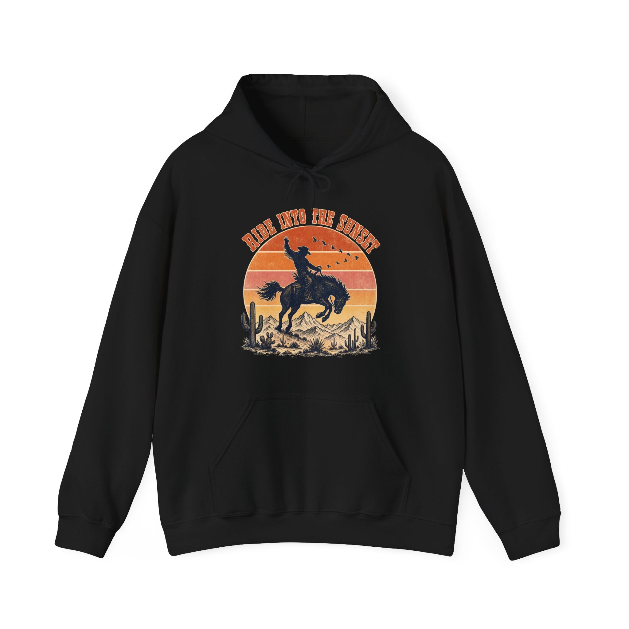 Bucking Bronco Rodeo Sunset Hoodie, Retro Western Cowboy Silhouette Pullover Sweatshirt, Unisex Fleece Hoodie