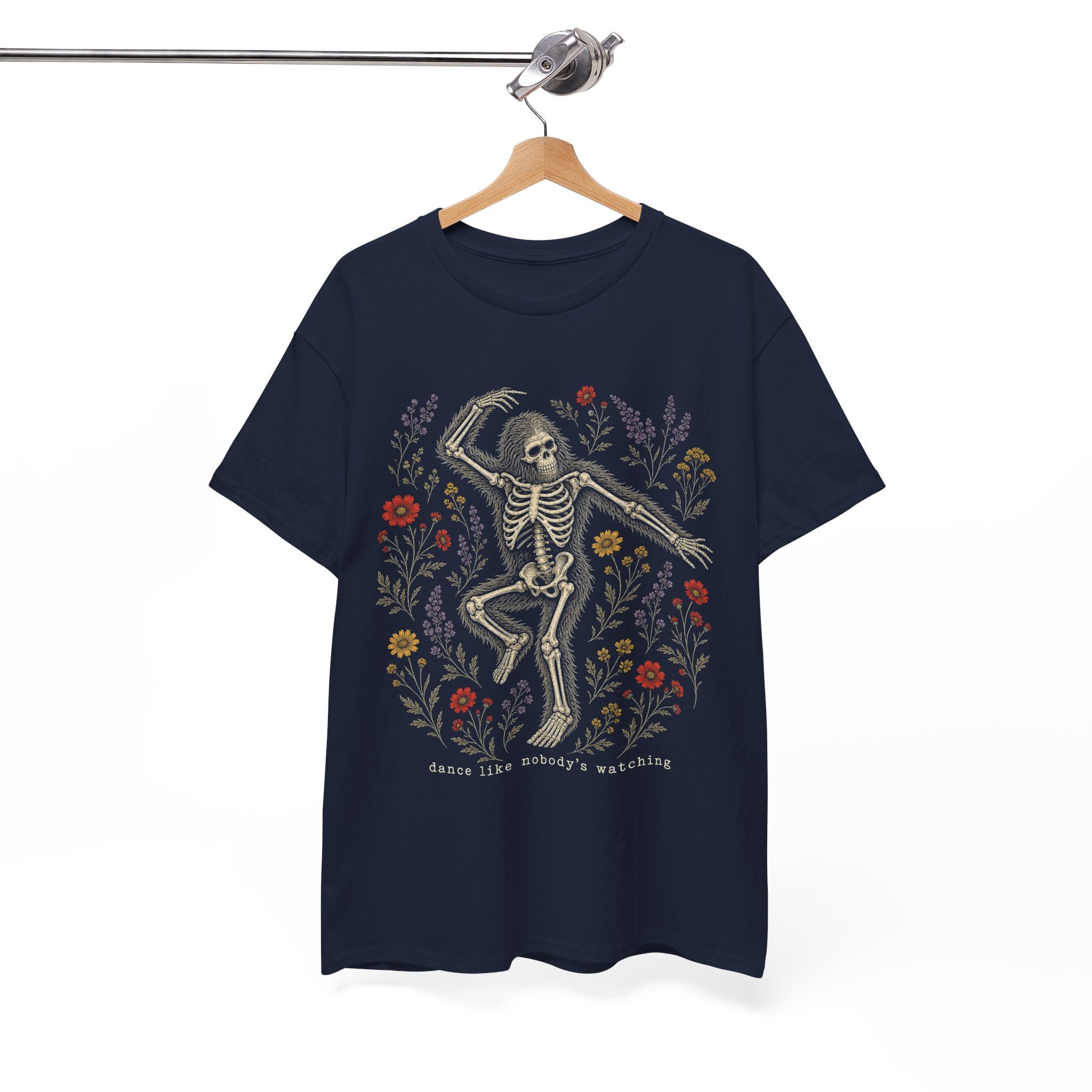 Dancing Bigfoot Skeleton T-Shirt – Whimsical Wildflower Graphic Tee