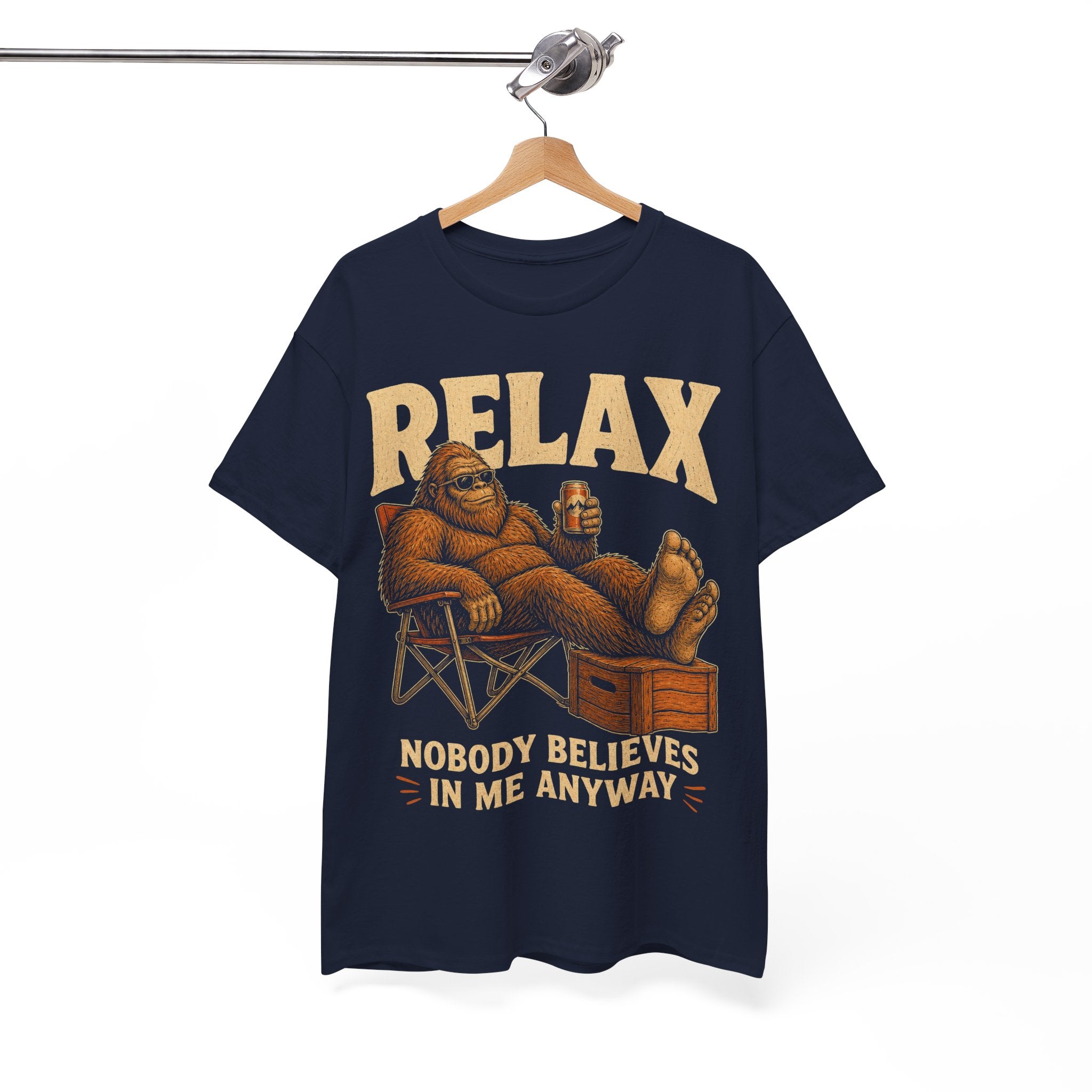 Funny Bigfoot Camp Chair T-Shirt – Relax Nobody Believes In Me Tee