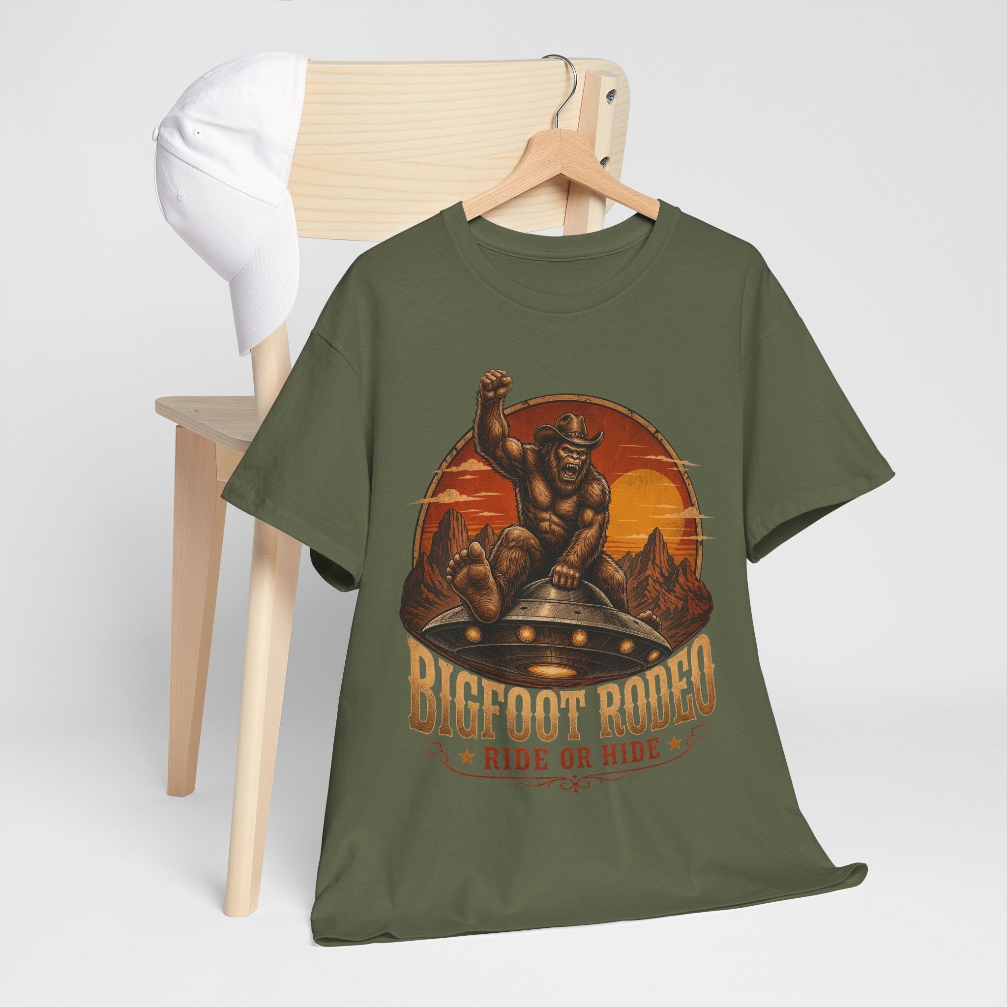 Bigfoot Rodeo T-Shirt – Funny Cowboy UFO Desert Graphic Tee