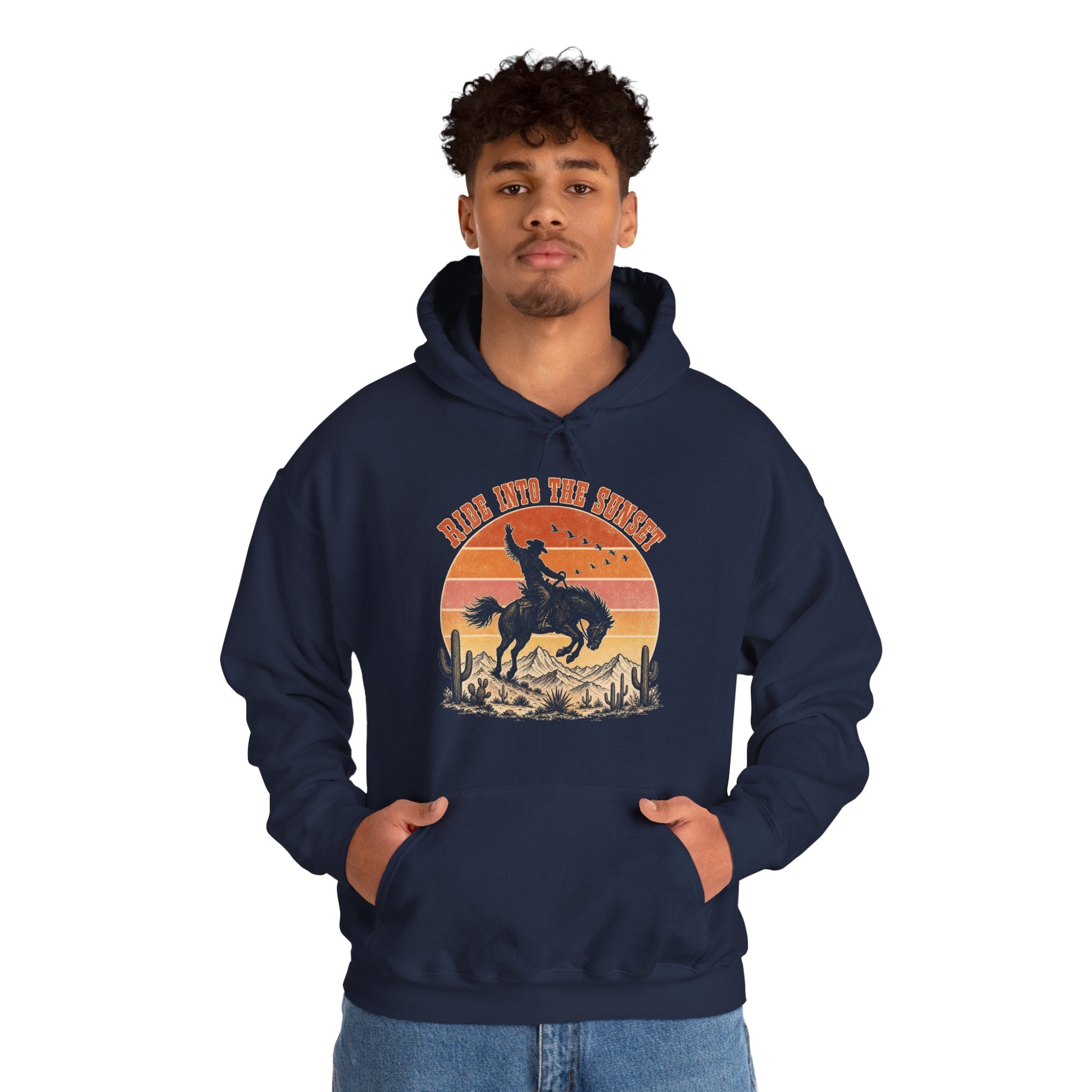 Bucking Bronco Rodeo Sunset Hoodie, Retro Western Cowboy Silhouette Pullover Sweatshirt, Unisex Fleece Hoodie
