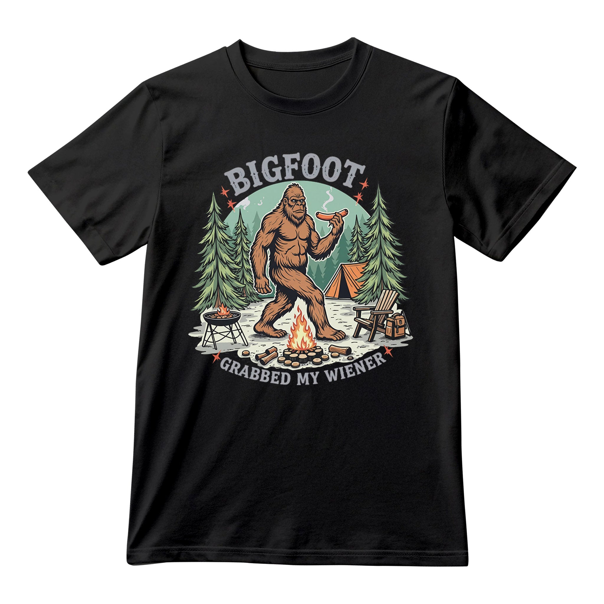 Bigfoot Grabbed My Wiener T-Shirt, Funny Sasquatch Camping Shirt, Unisex Sublimation Graphic Tee