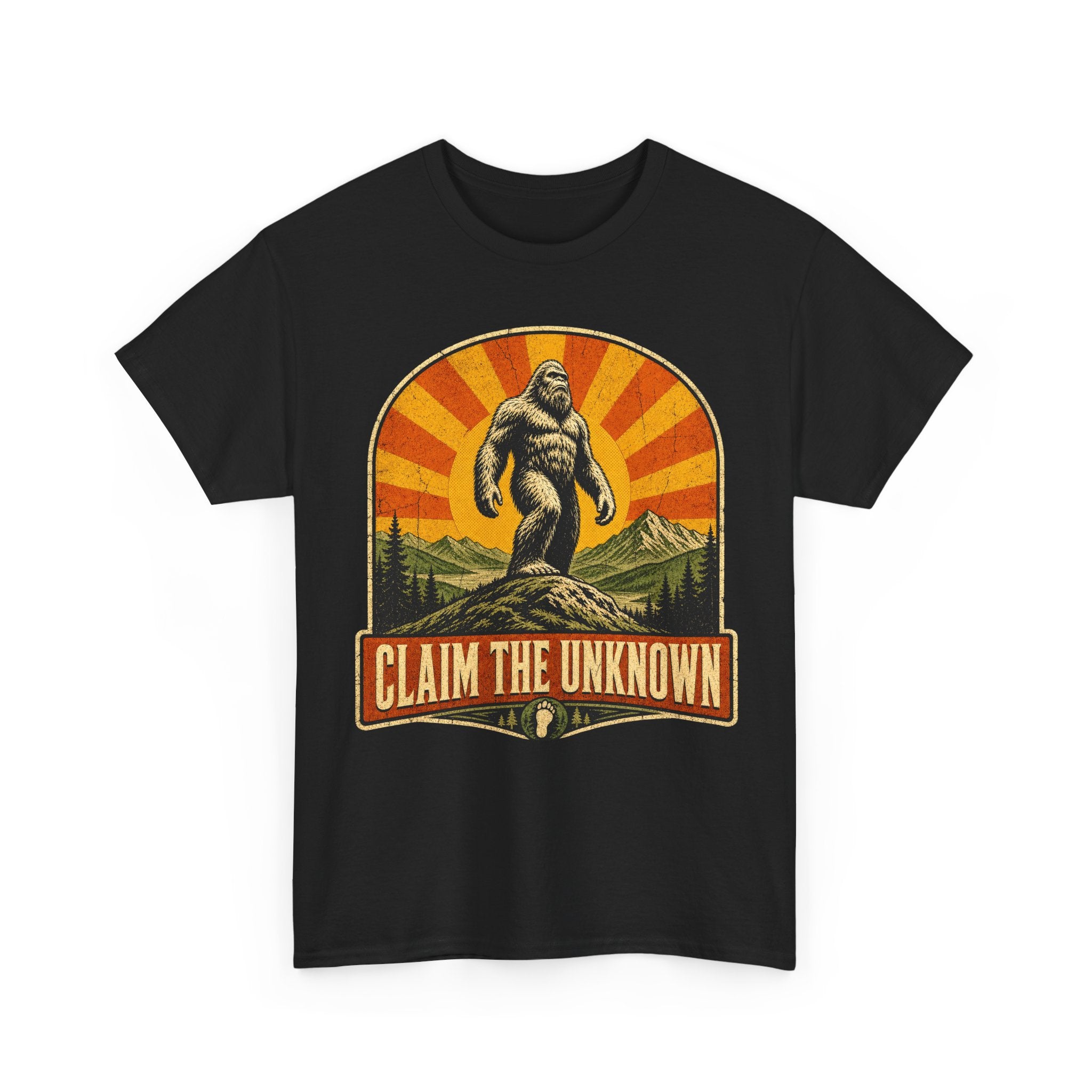 Claim The Unknown T-Shirt – Retro Bigfoot Sunburst Travel Poster Tee