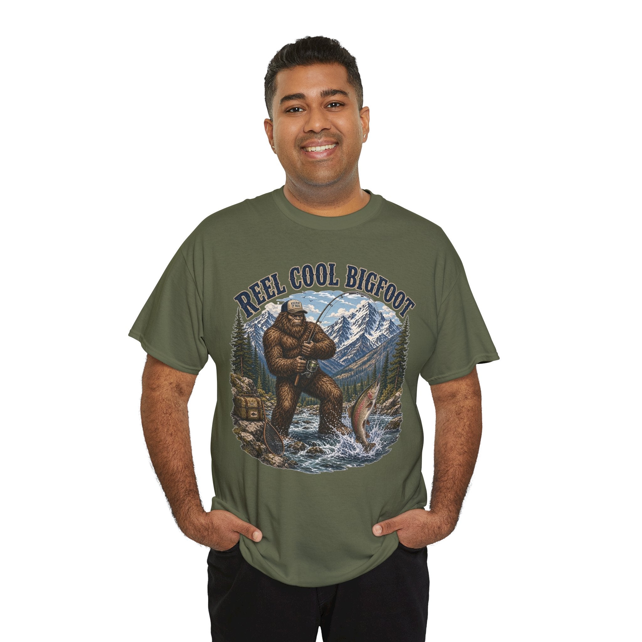 Reel Cool Bigfoot T-Shirt – Funny Fishing Mountain Graphic Tee