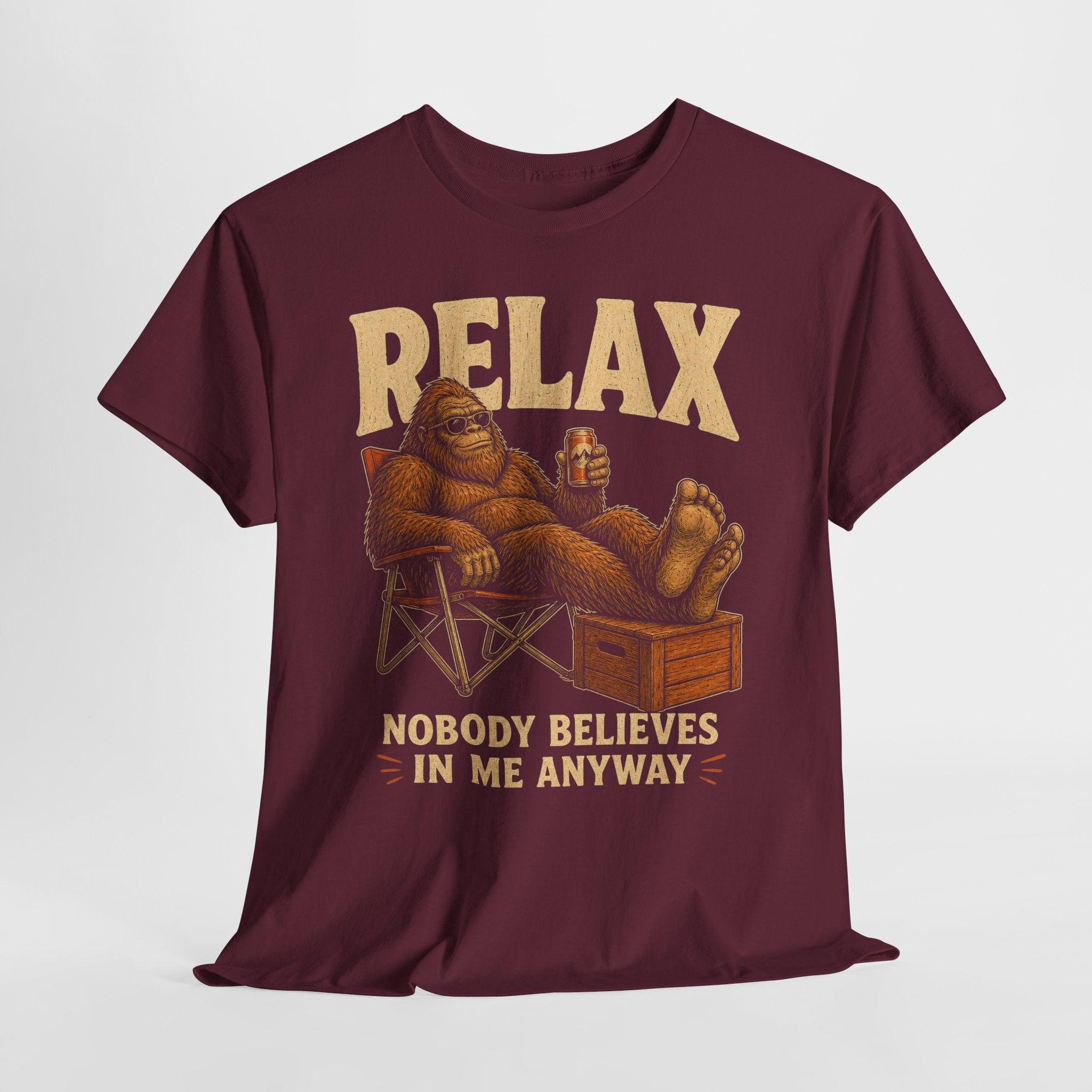 Funny Bigfoot Camp Chair T-Shirt – Relax Nobody Believes In Me Tee