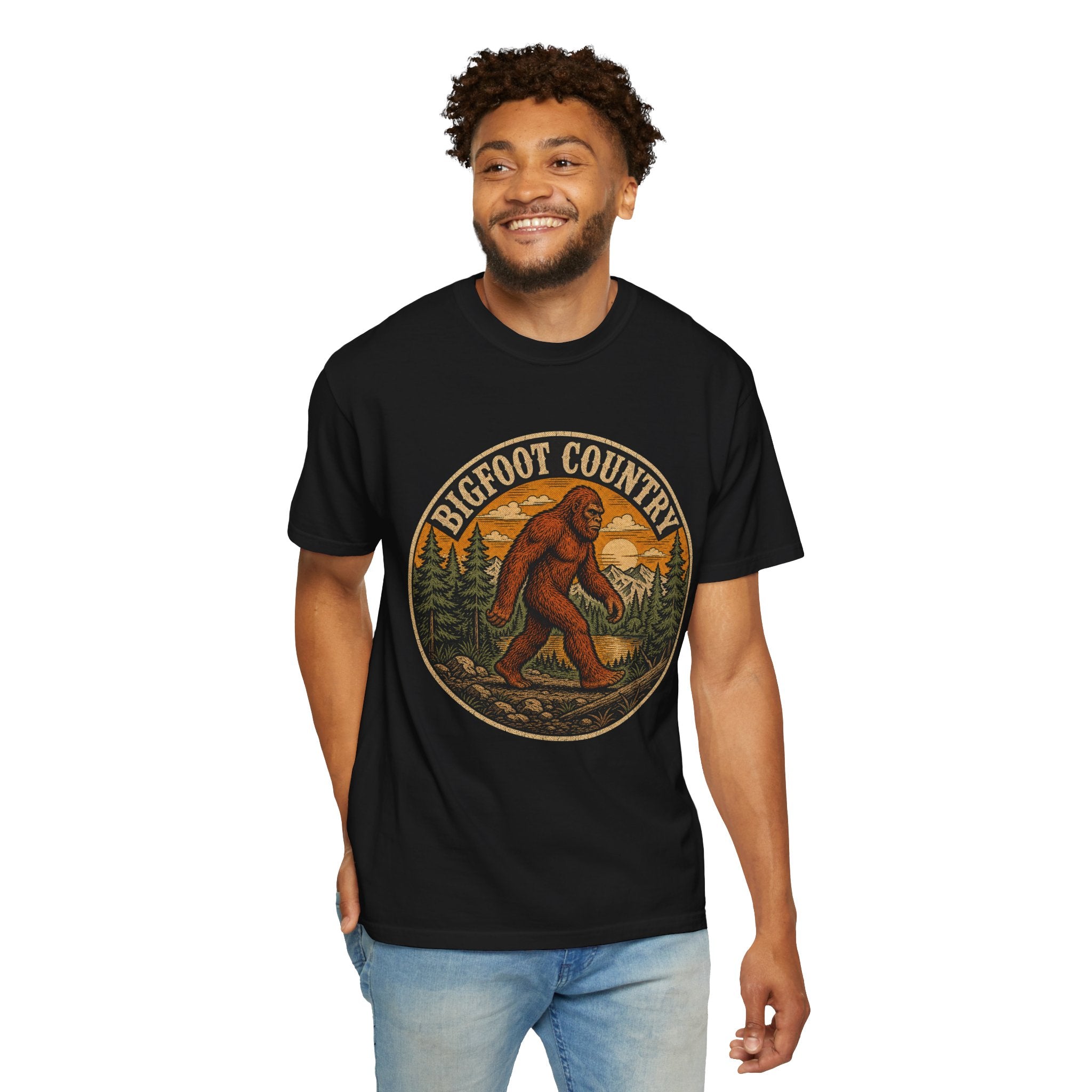 Bigfoot Country Vintage T-Shirt – Retro Sasquatch Forest Sunset Graphic Tee