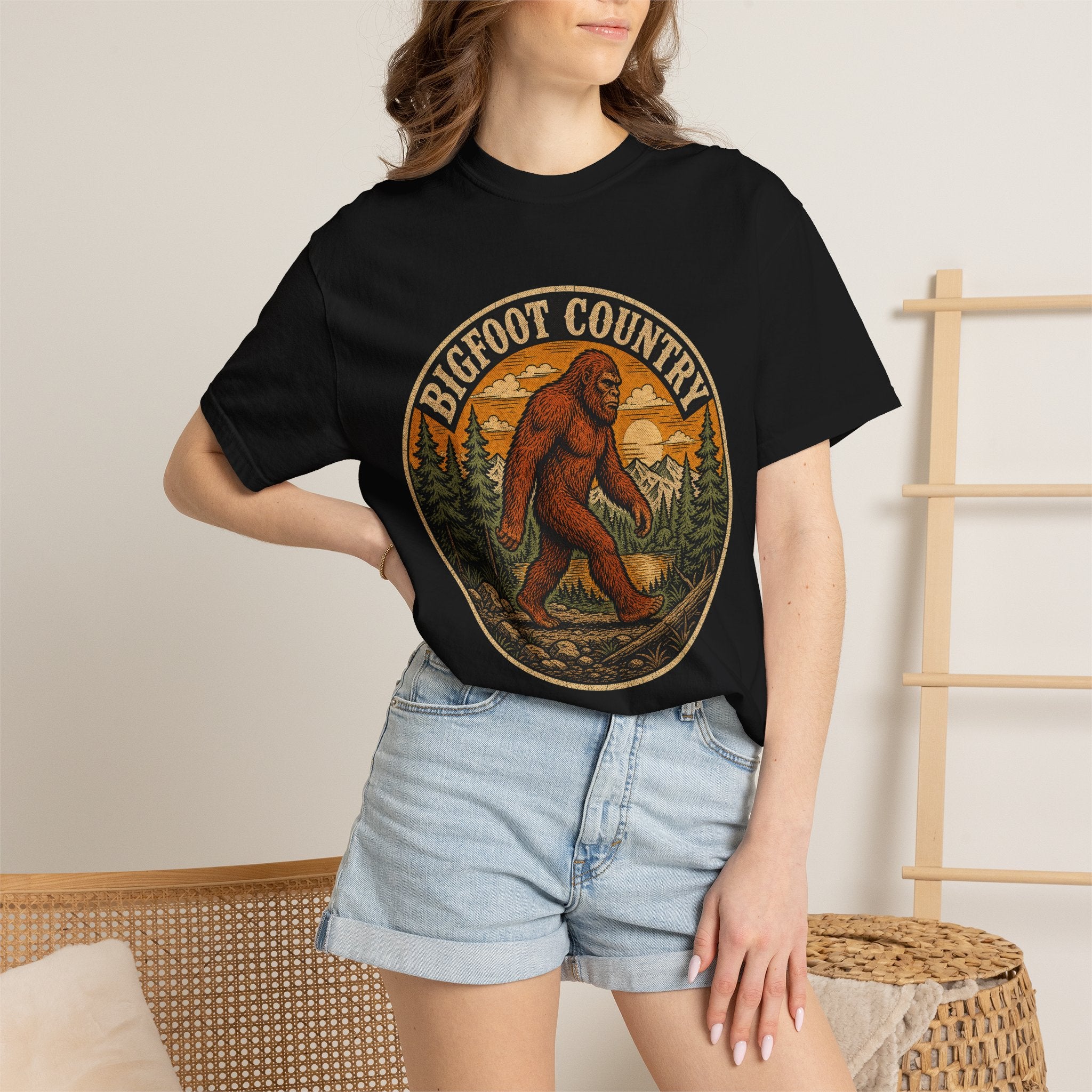 Bigfoot Country Vintage T-Shirt – Retro Sasquatch Forest Sunset Graphic Tee