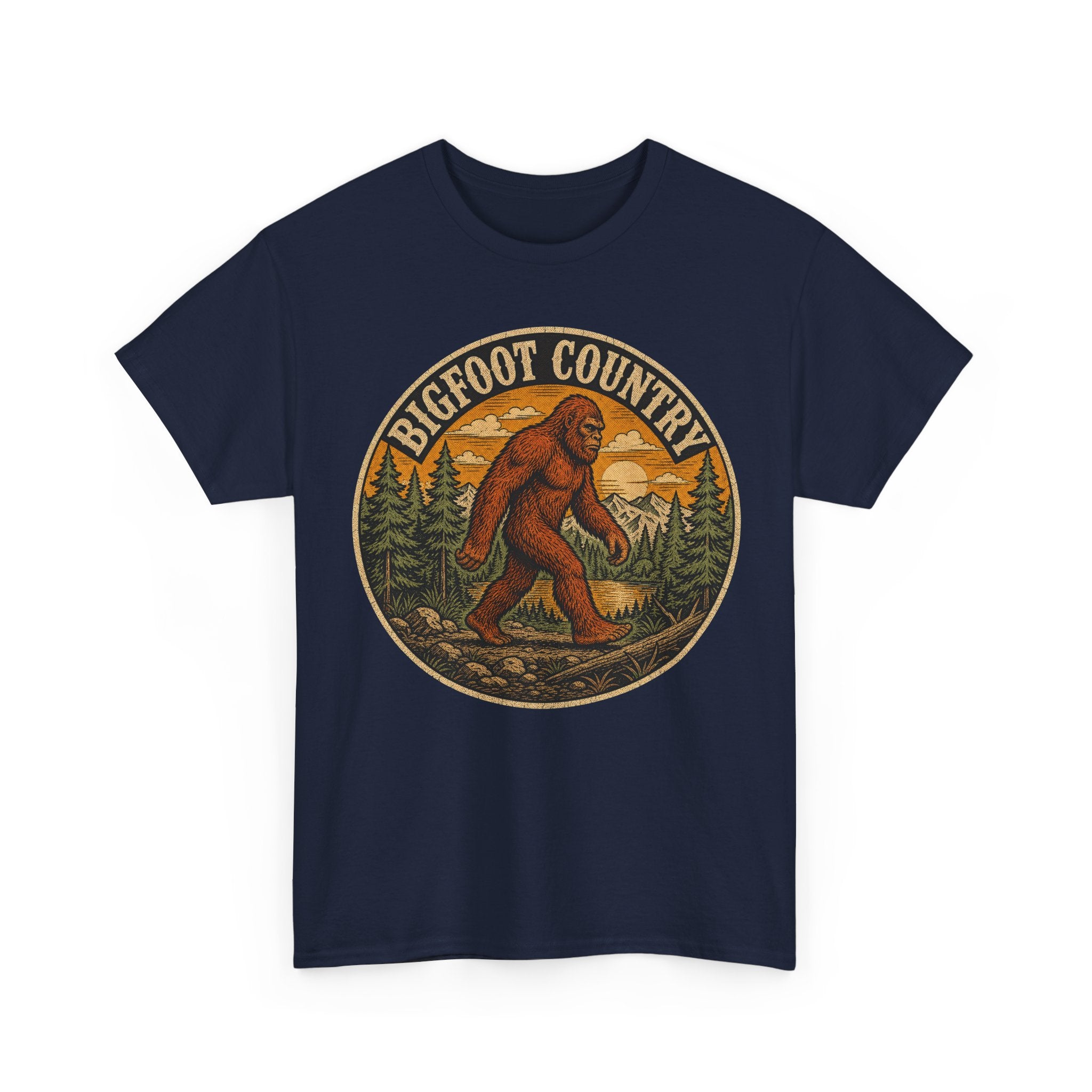 Bigfoot Country Vintage T-Shirt – Retro Sasquatch Forest Sunset Graphic Tee