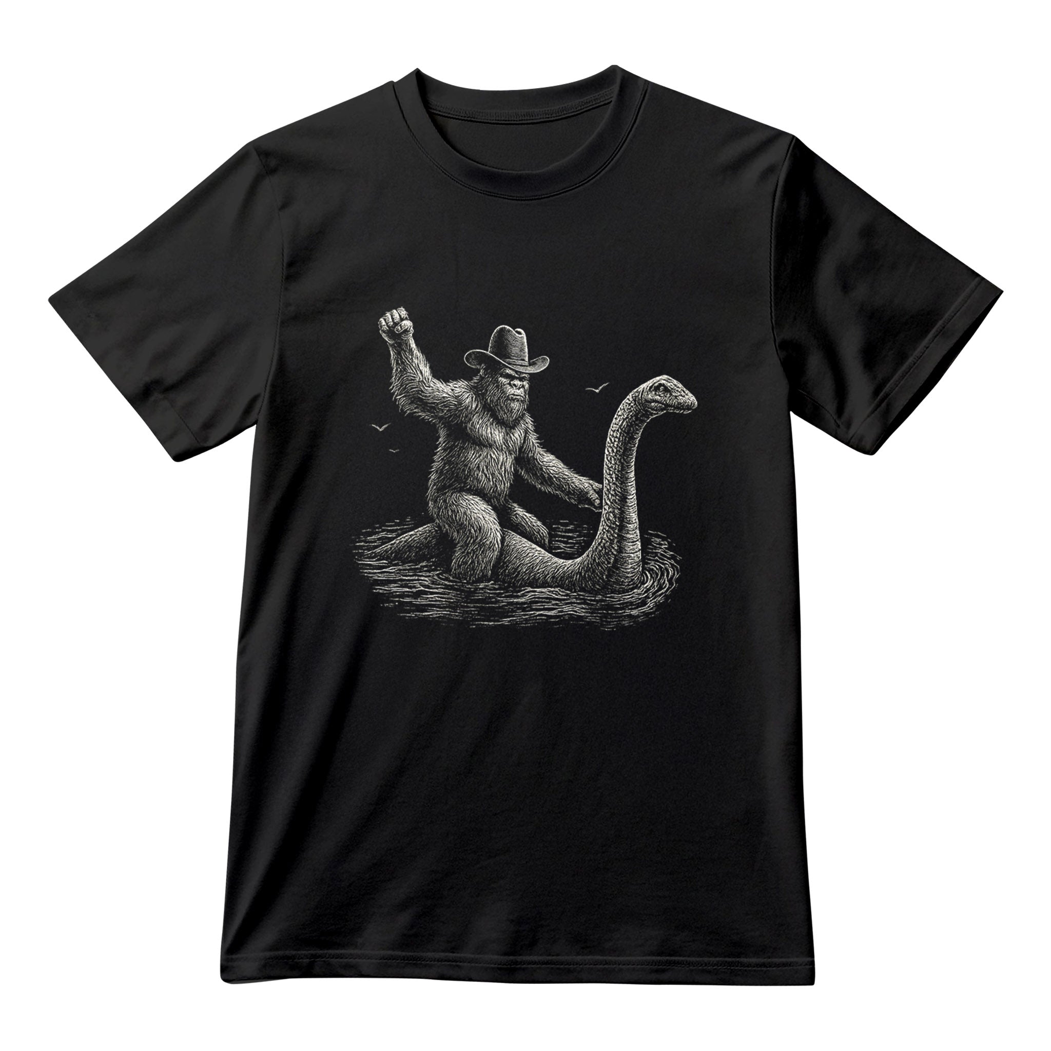 Funny Bigfoot Riding Loch Ness Monster Shirt, Sasquatch Graphic Tee, Cryptid Novelty Unisex T-Shirt
