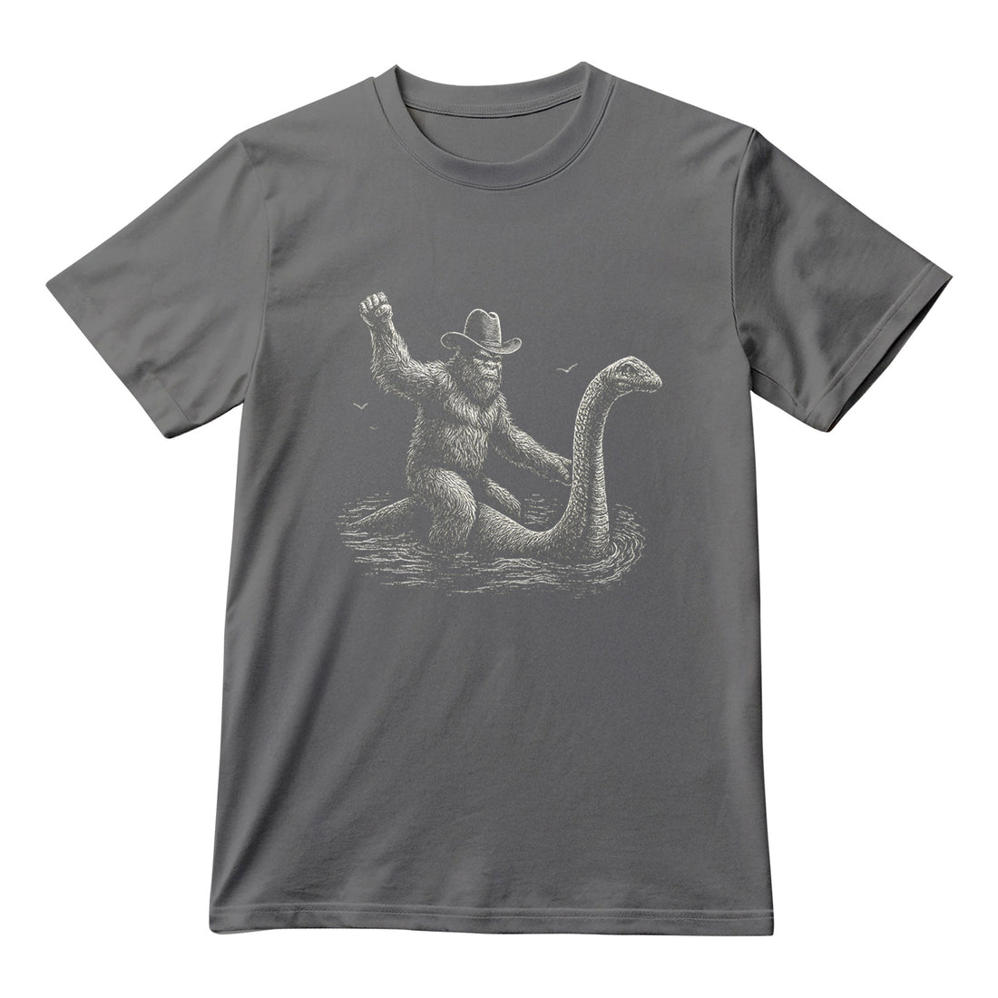 Funny Bigfoot Riding Loch Ness Monster Shirt, Sasquatch Graphic Tee, Cryptid Novelty Unisex T-Shirt
