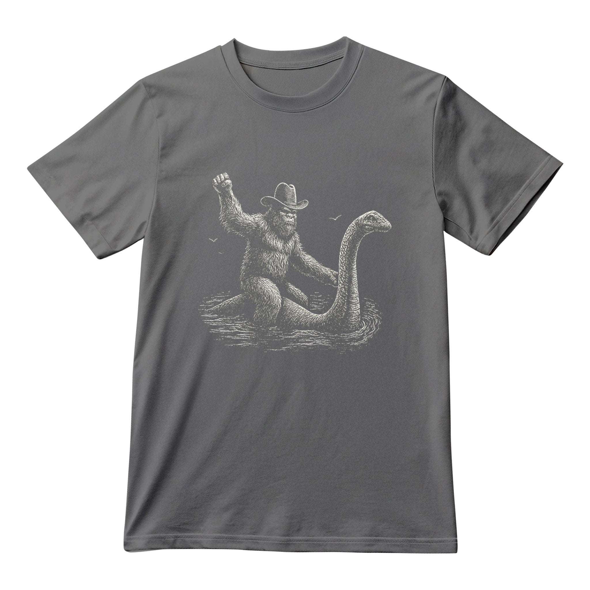 Funny Bigfoot Riding Loch Ness Monster Shirt, Sasquatch Graphic Tee, Cryptid Novelty Unisex T-Shirt