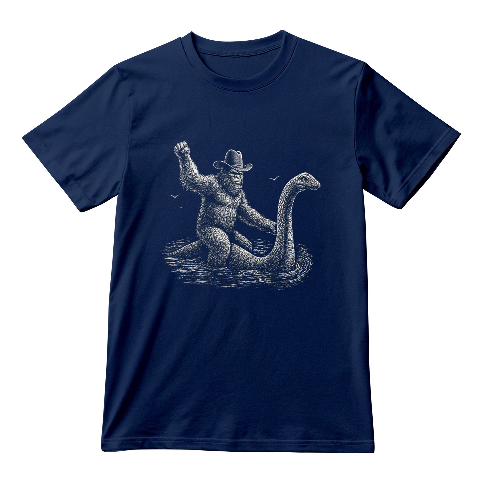Funny Bigfoot Riding Loch Ness Monster Shirt, Sasquatch Graphic Tee, Cryptid Novelty Unisex T-Shirt