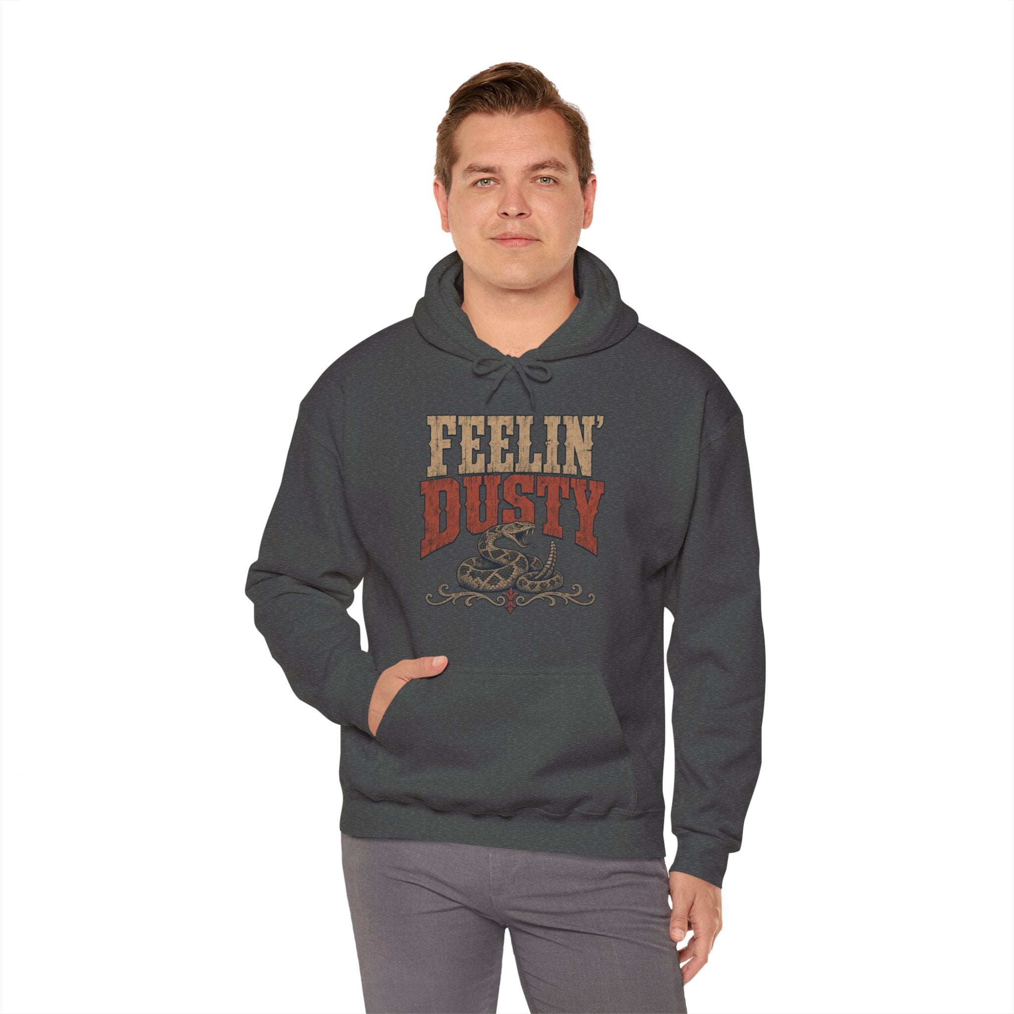 Feelin Dusty Rattlesnake Hoodie, Bold Western Grunge Typography Pullover Sweatshirt, Unisex Fleece Hoodie
