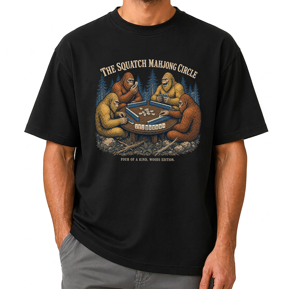 The Squatch Mahjong Circle - Four Bigfoot Forest T-Shirt