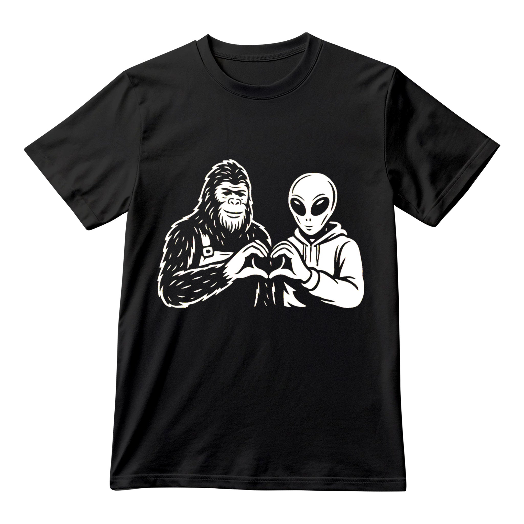 Alien and Bigfoot Heart Hands Shirt, Funny Cryptid Friends Tee, Cute Unisex Graphic T-Shirt