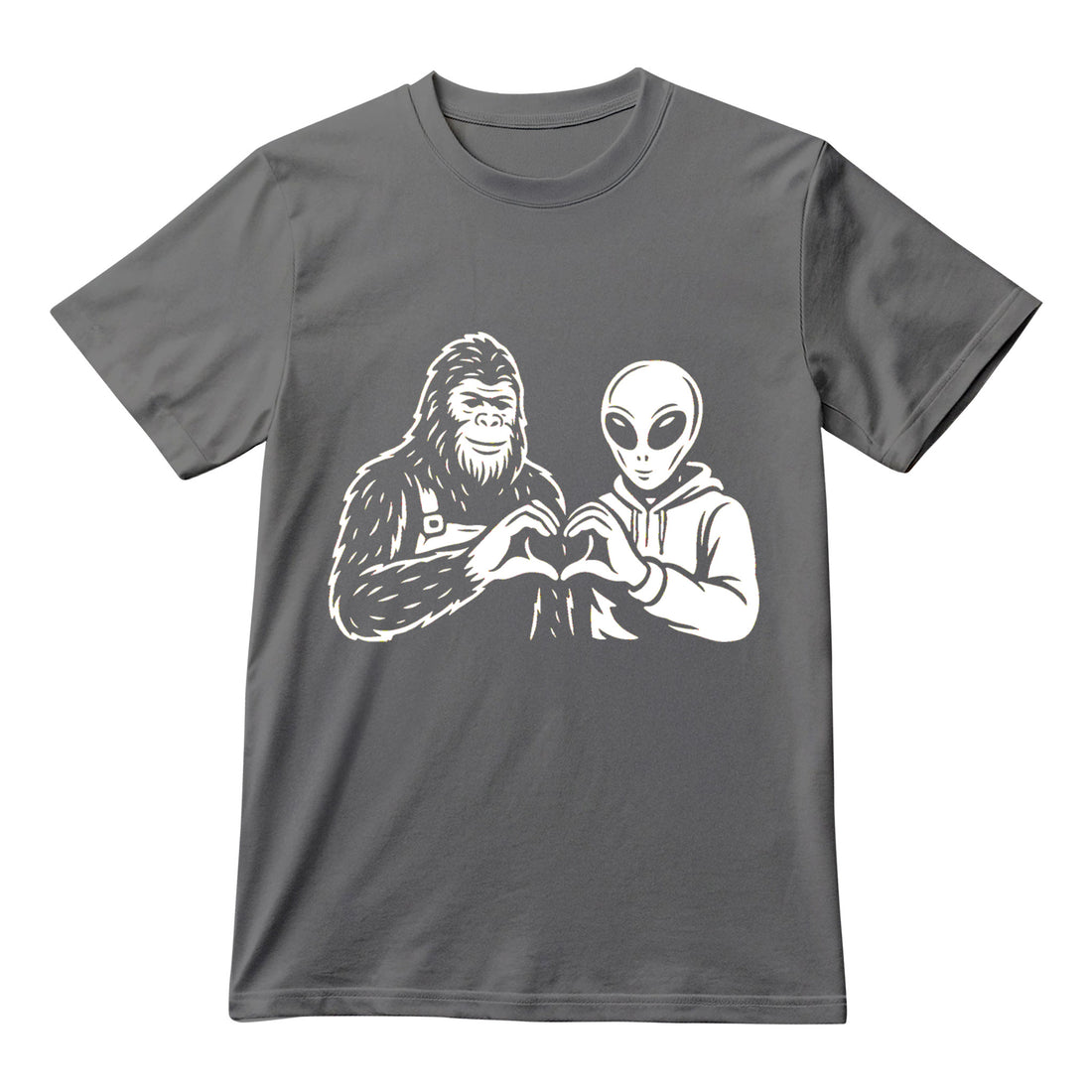 Alien and Bigfoot Heart Hands Shirt, Funny Cryptid Friends Tee, Cute Unisex Graphic T-Shirt