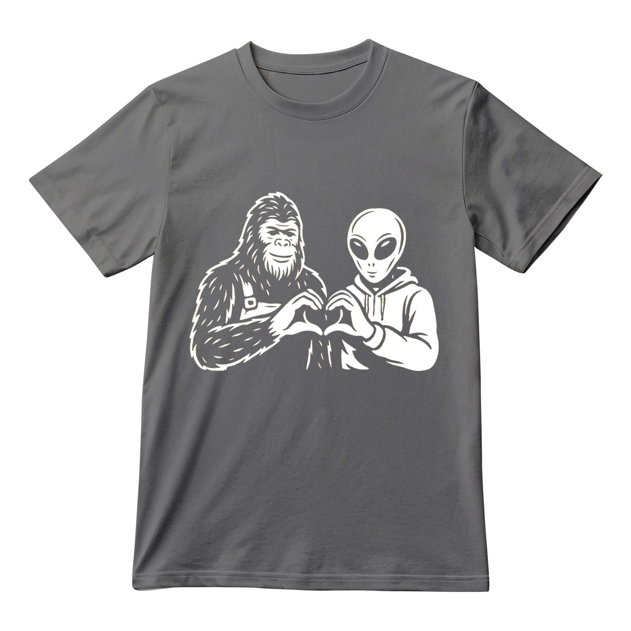 Alien and Bigfoot Heart Hands Shirt, Funny Cryptid Friends Tee, Cute Unisex Graphic T-Shirt
