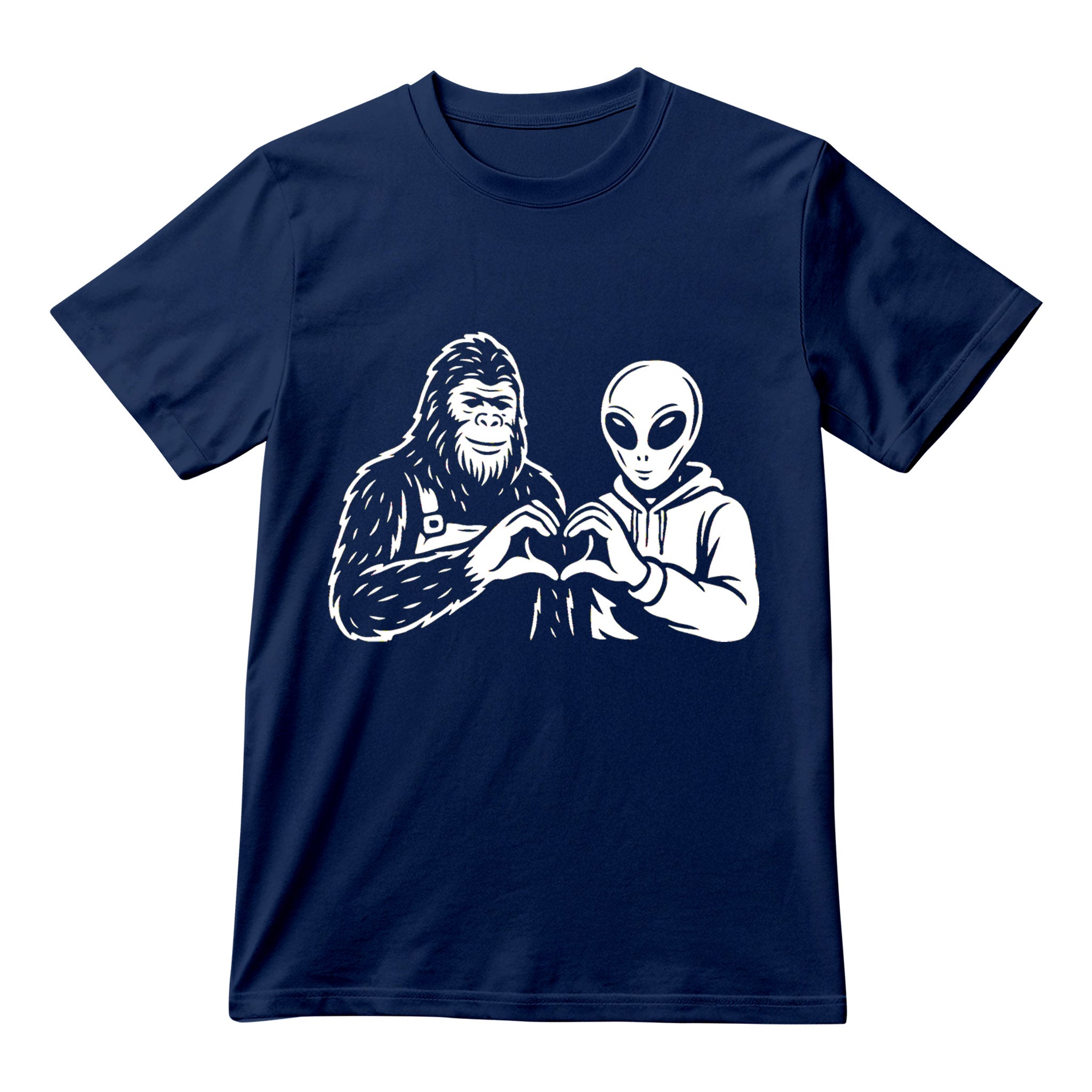Alien and Bigfoot Heart Hands Shirt, Funny Cryptid Friends Tee, Cute Unisex Graphic T-Shirt