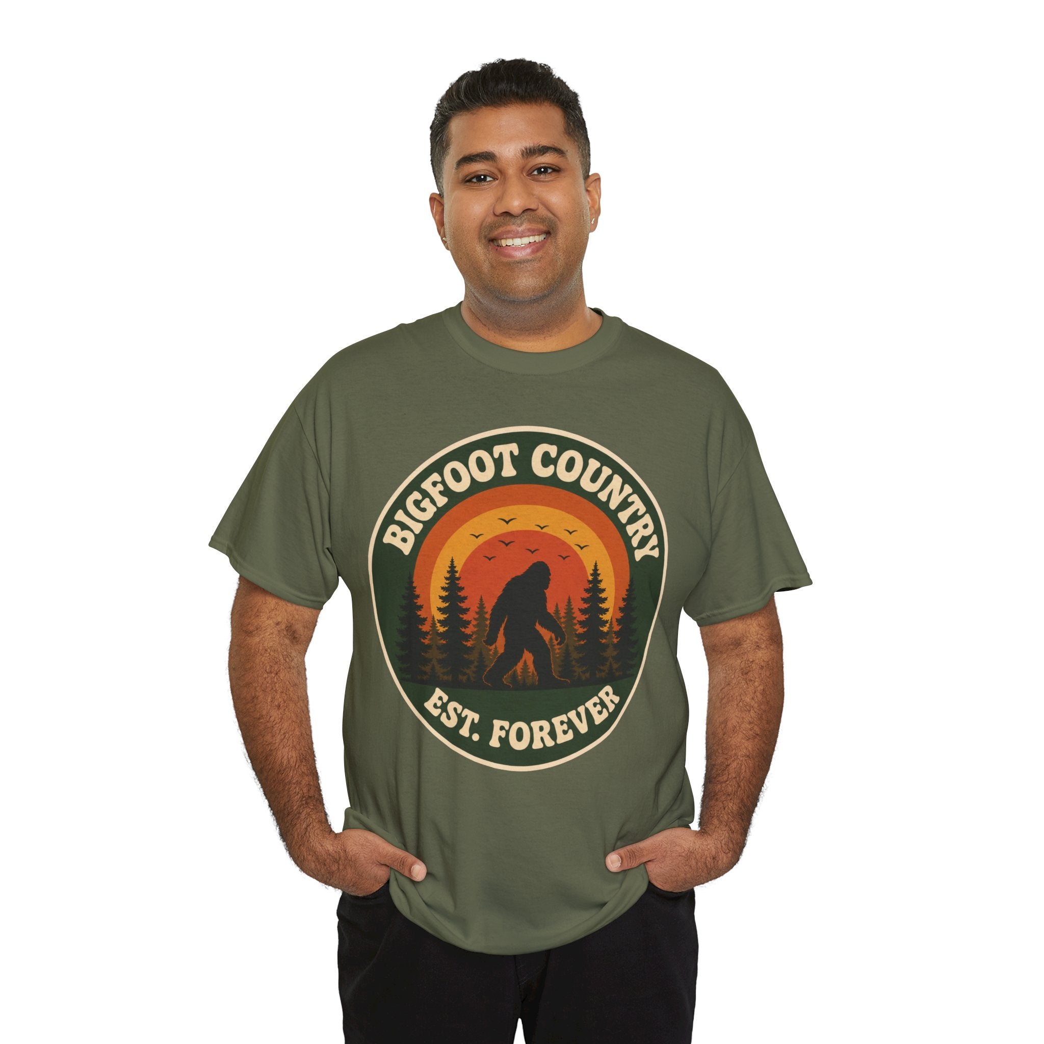 Bigfoot Country Sunset Badge T-Shirt – Retro Circular Graphic Tee